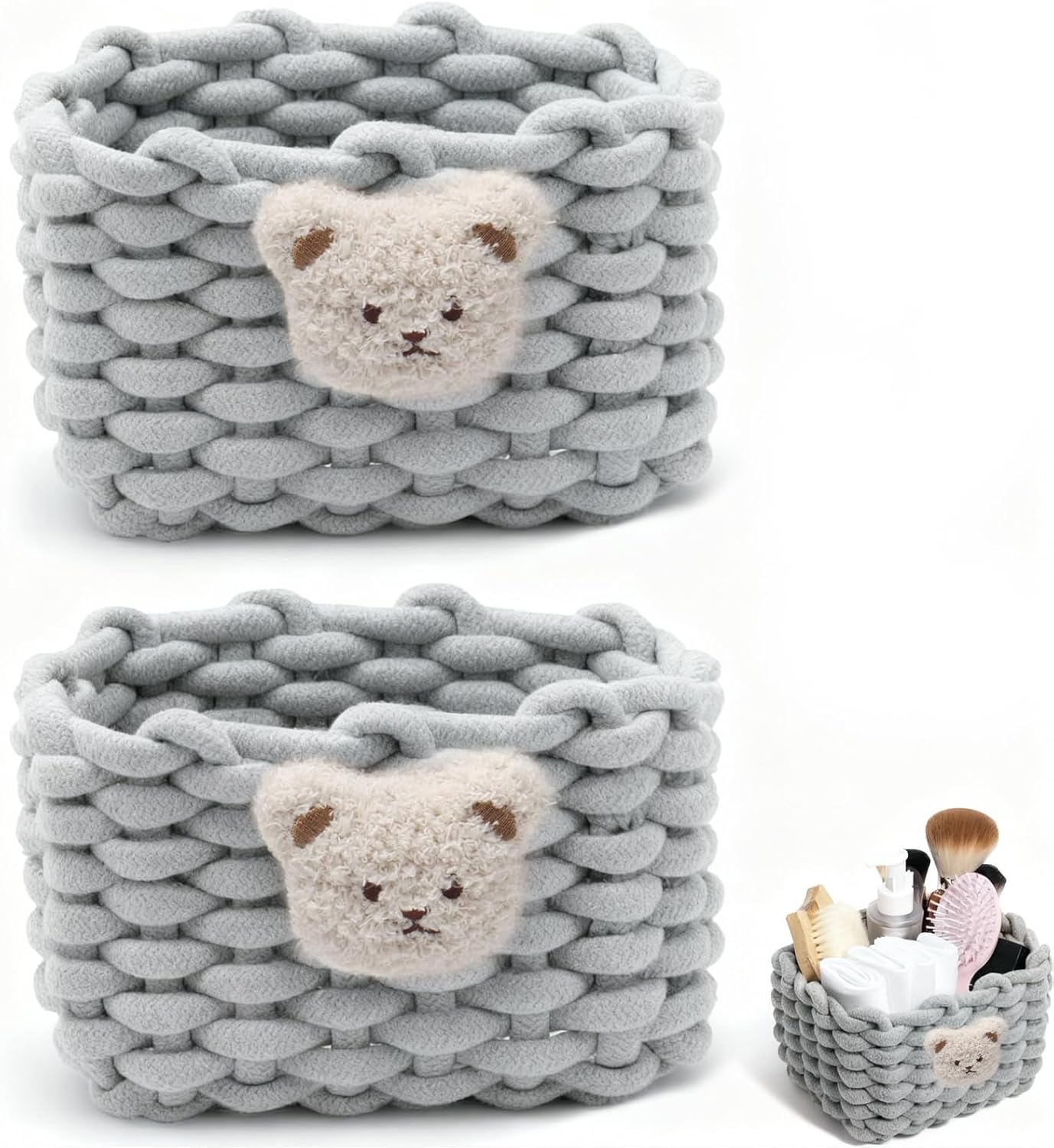 2-częściowe kosze do przechowywania z bawełnianej liny, mały kwadratowy pleciony kosz do przechowywania dla niemowląt, składany kosz stołowy, szary