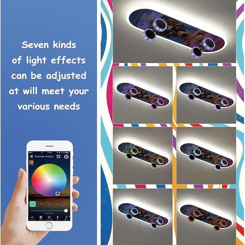 Ceiling L LED ceiling light, children's skateboard model D, dimmable with remote ...