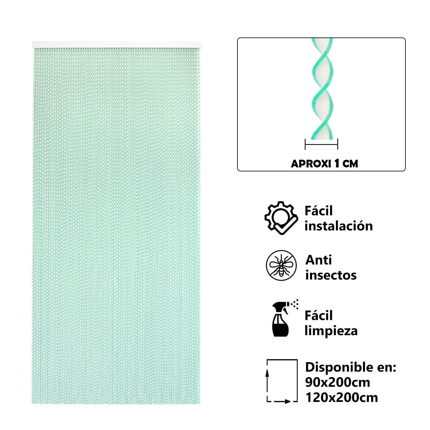 Aitsse- cortina espiral de pvc para puerta exterior o interior(200x120cm, blanco+filo verde r10)