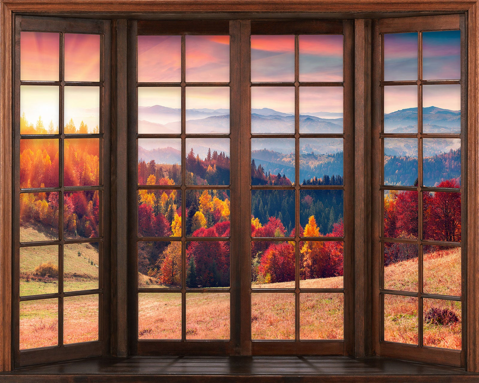 Papier peint panoramique Trompe l'oeil Fenêtre en bois - Forêt automne - Largeur 390 cm x Hauteur 312 cm - 2