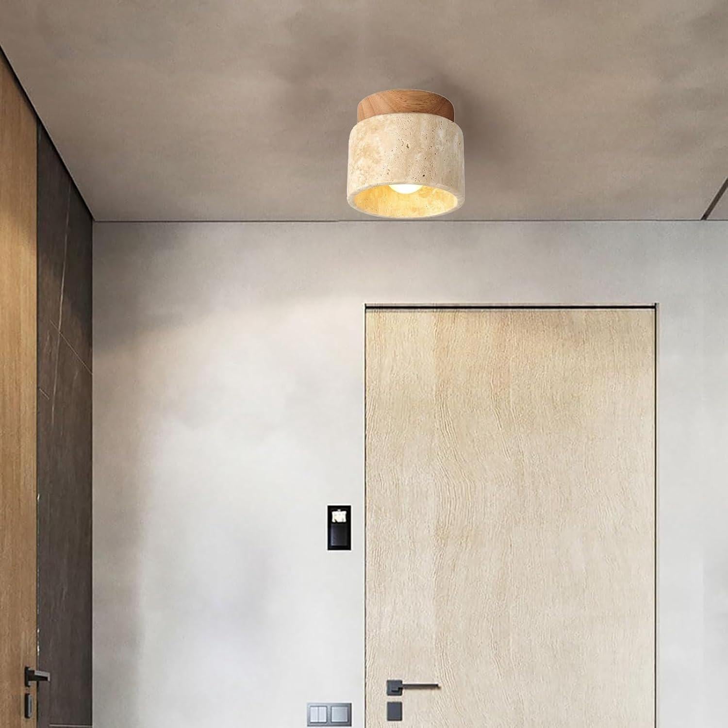 Plafonnier Luminaire Vintage Créativité, Travertin Jaune Naturel Abat-jour Lampe de plafond Bois Suspension Pour Salon Cuisine Couloir Chambre - 2