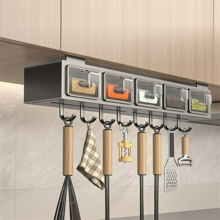 Półka na przyprawy pod szafką kuchenną z 5 słoikami na przyprawy i 8 haczykami, ciemnoszara, 43*9,5*8 cm