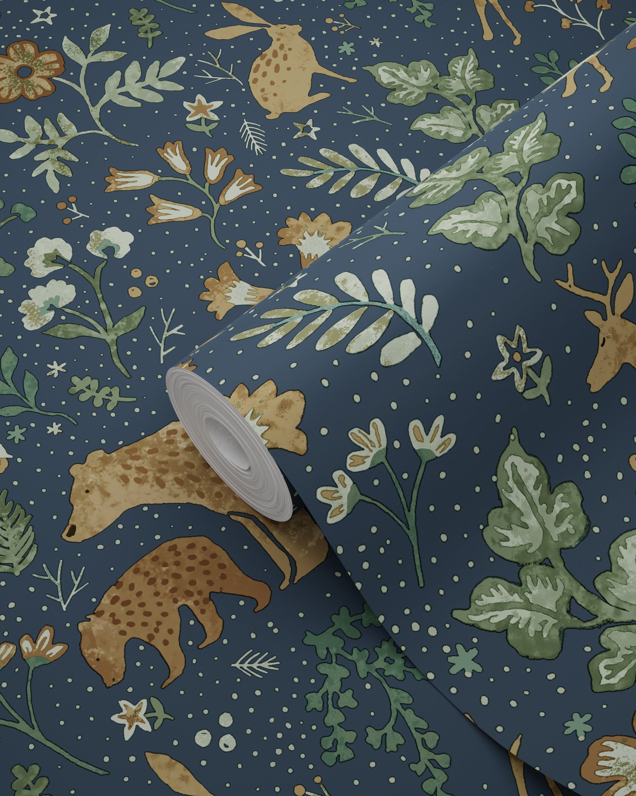 Papier peint forêt avec des animaux de la forêt bleu foncé et beige - 53 cm x 10.05 m - ESTAhome - 6