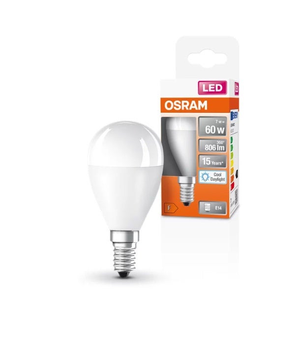 Ampoule LED Osram, Mini Form Classic Mini Ball, 60 Watts Remplacement, E14, P-Shape, 6500 Kelvin, Cold Daylight, Matt, Pack Single - 6