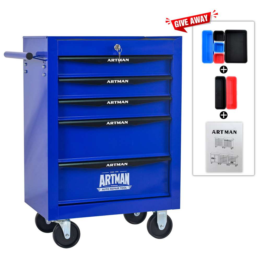 Caisse à outils roulante 5 tiroirs, glissières à billes, coffre en acier, organiseur, noir et bleu. - 4