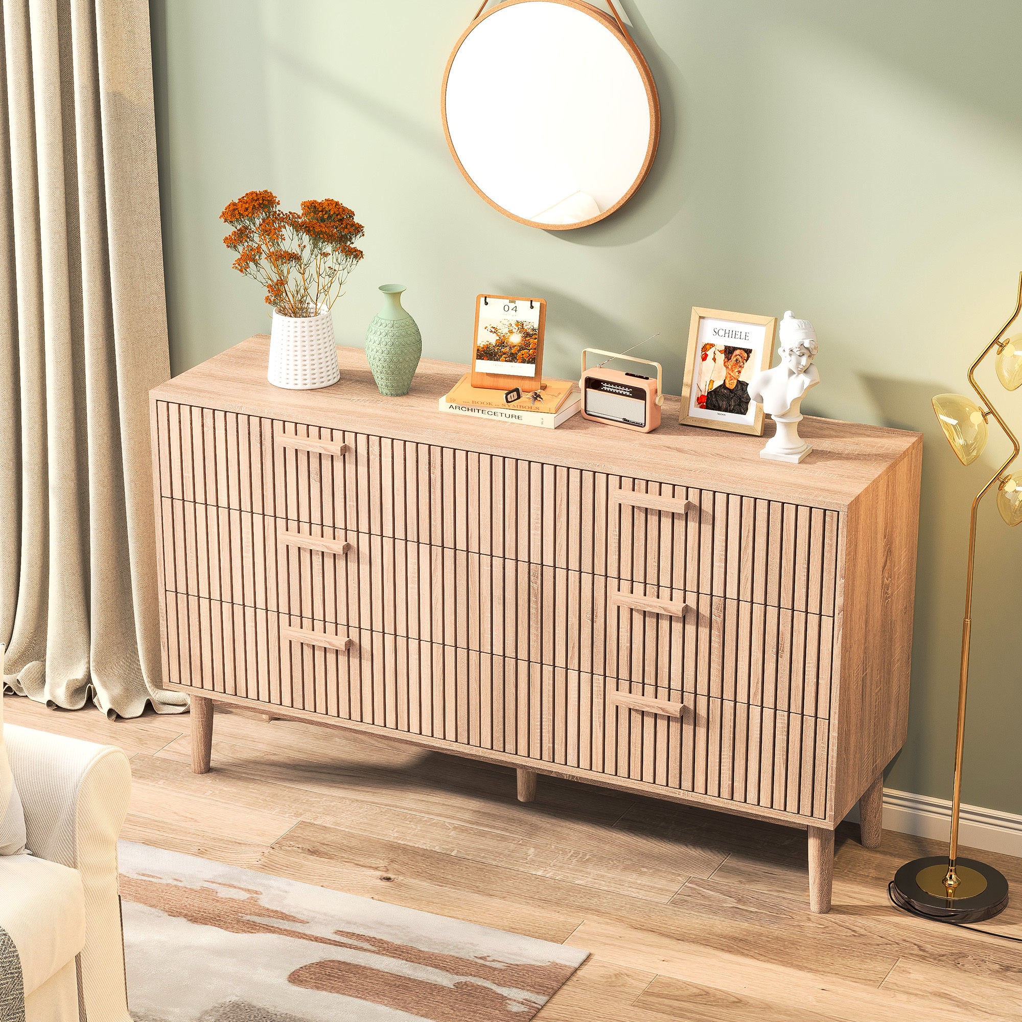 Commode à 6 tiroirs - armoire 100x34x73cm - conception de modèle vertical - nombreux rangements - couleur du bois - 3