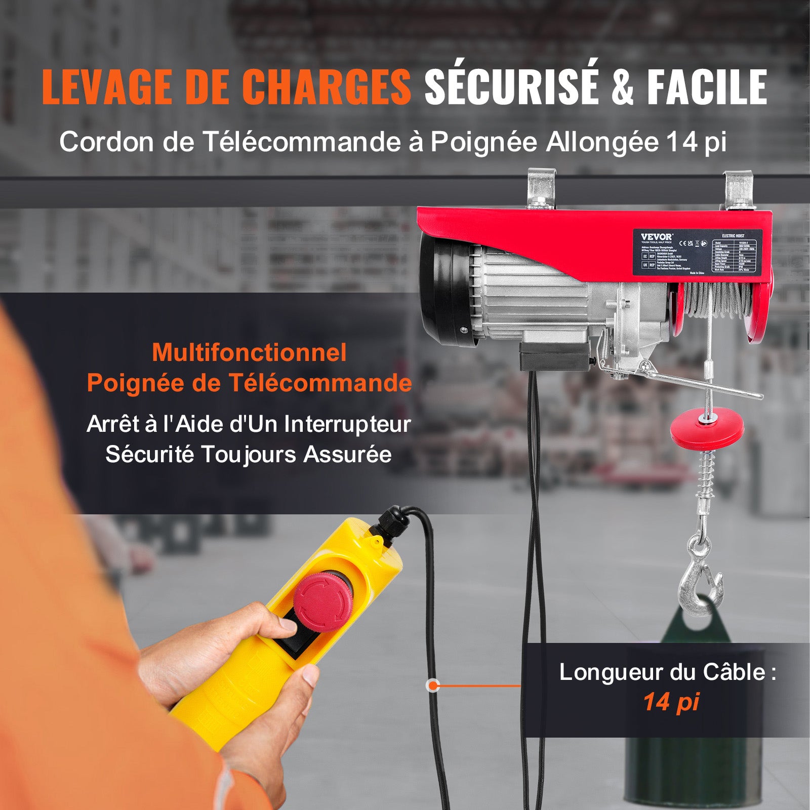 Palan électrique VEVOR Treuil à Câble 600 kg 1150 W avec Télécommande Filaire 4 m, 10 m/min, Câble 12 m, Moteur Cuivre Pur pour Garages et Entrepôts - 3