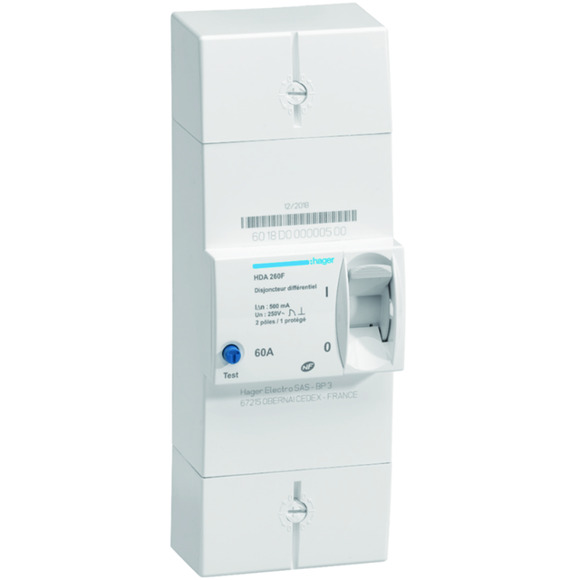 Disjoncteur de branchement différentiel 2P 60A 500mA instantané - HAGER - HDA260F