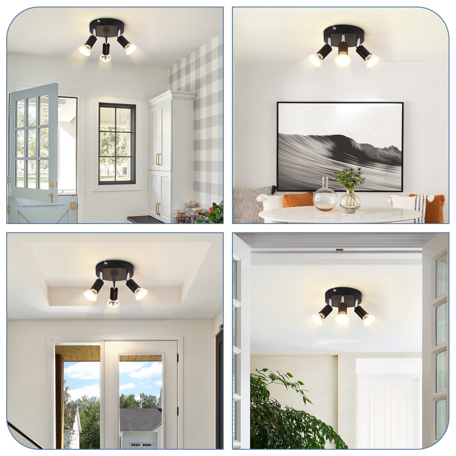 NETTLIFE Lámpara de Techo LED GU10 - 3 Focos de Techo Redondos Modernos de 350° para Cocinas Pasillo Dormitorio Sala de Estar - Sin Bombilla Negro - 7