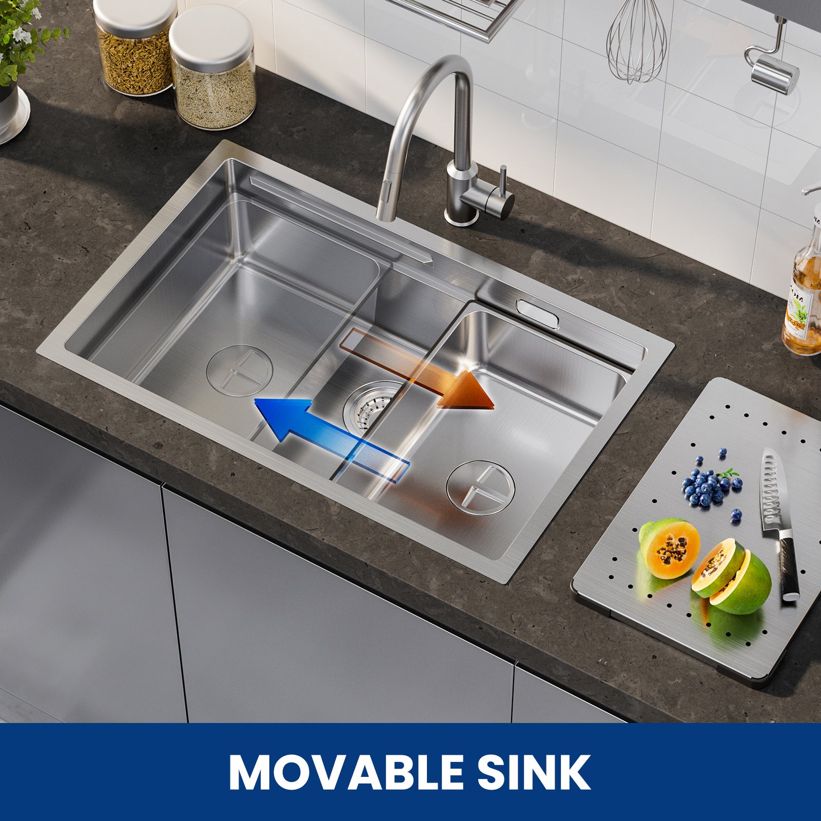 Cecipa max Évier Cuisine 1 Bac 70×44×21CM Évier à Encastrer Inox Brossé avec Egouttoir et Vasque,EU Modèle - 6