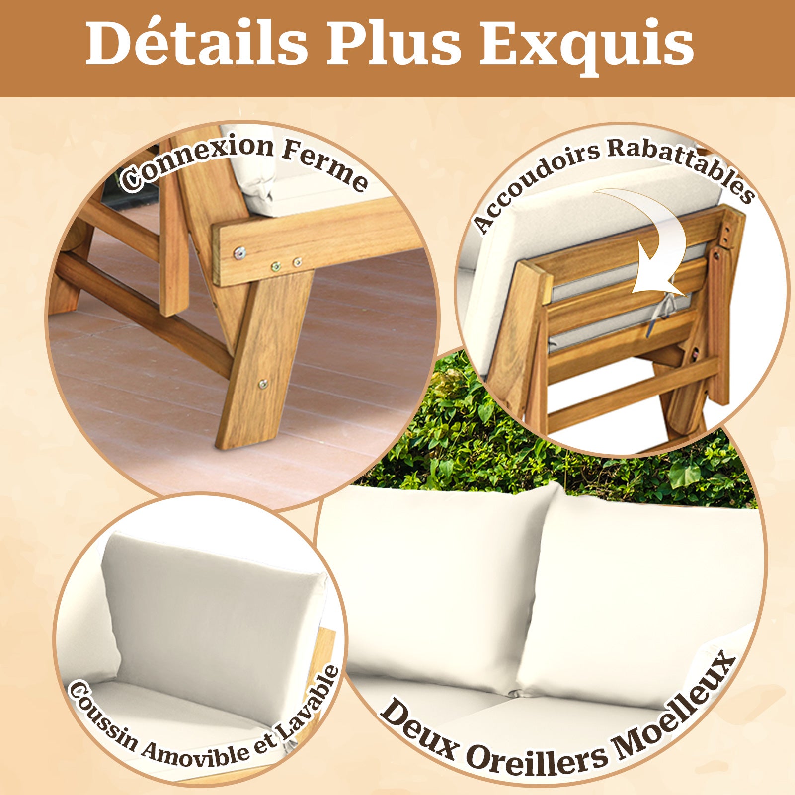 3 en 1 Canapé Convertible Lit Jardin 2 Places-Bois d’acacia-FSC, Canapé Extensible Coussins Amovibles-Charge 320KG pour Balcon/Terrase, Blanc GIANTEX - 3