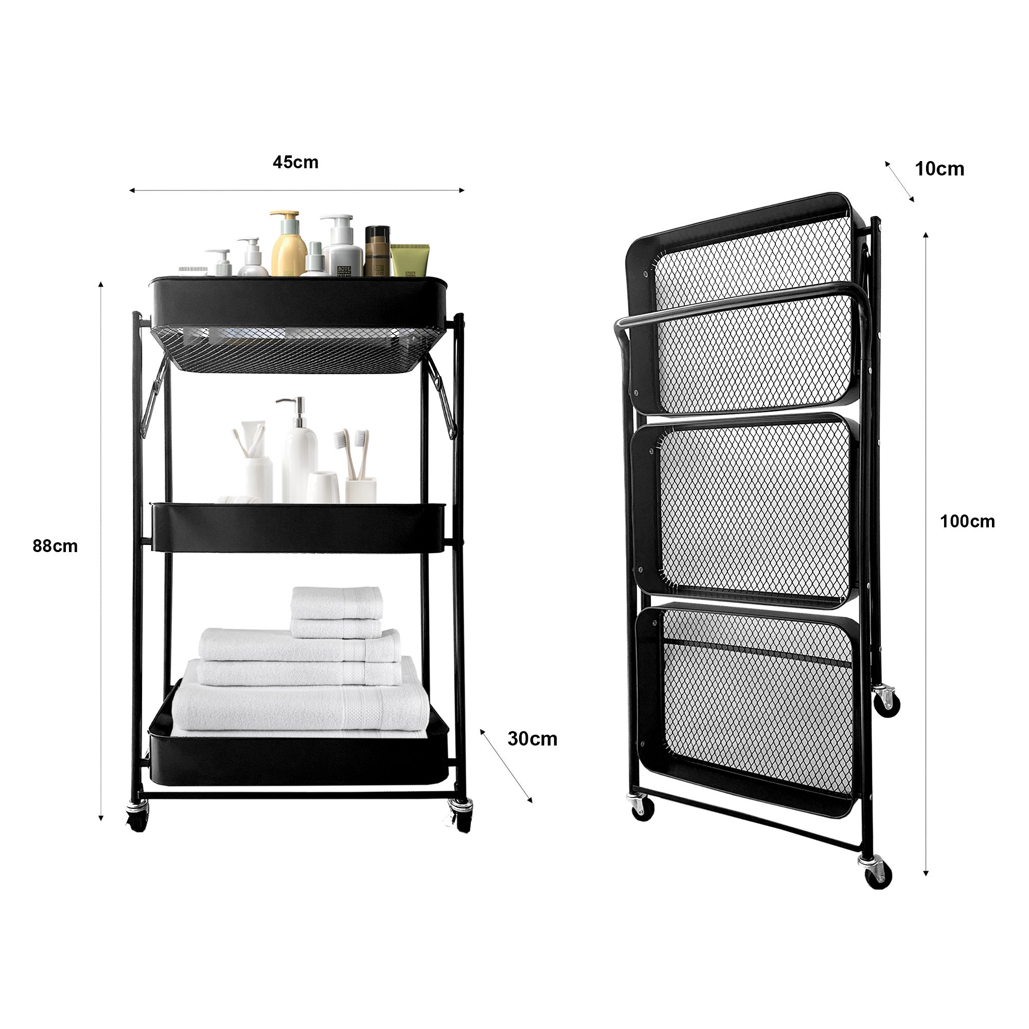 Chariot Pliable 3 Niveaux 88x45x30cm Nyana Home | Chariot Auxiliaire Cuisine ou Salle de Bain | Roulettes avec Frein - 8