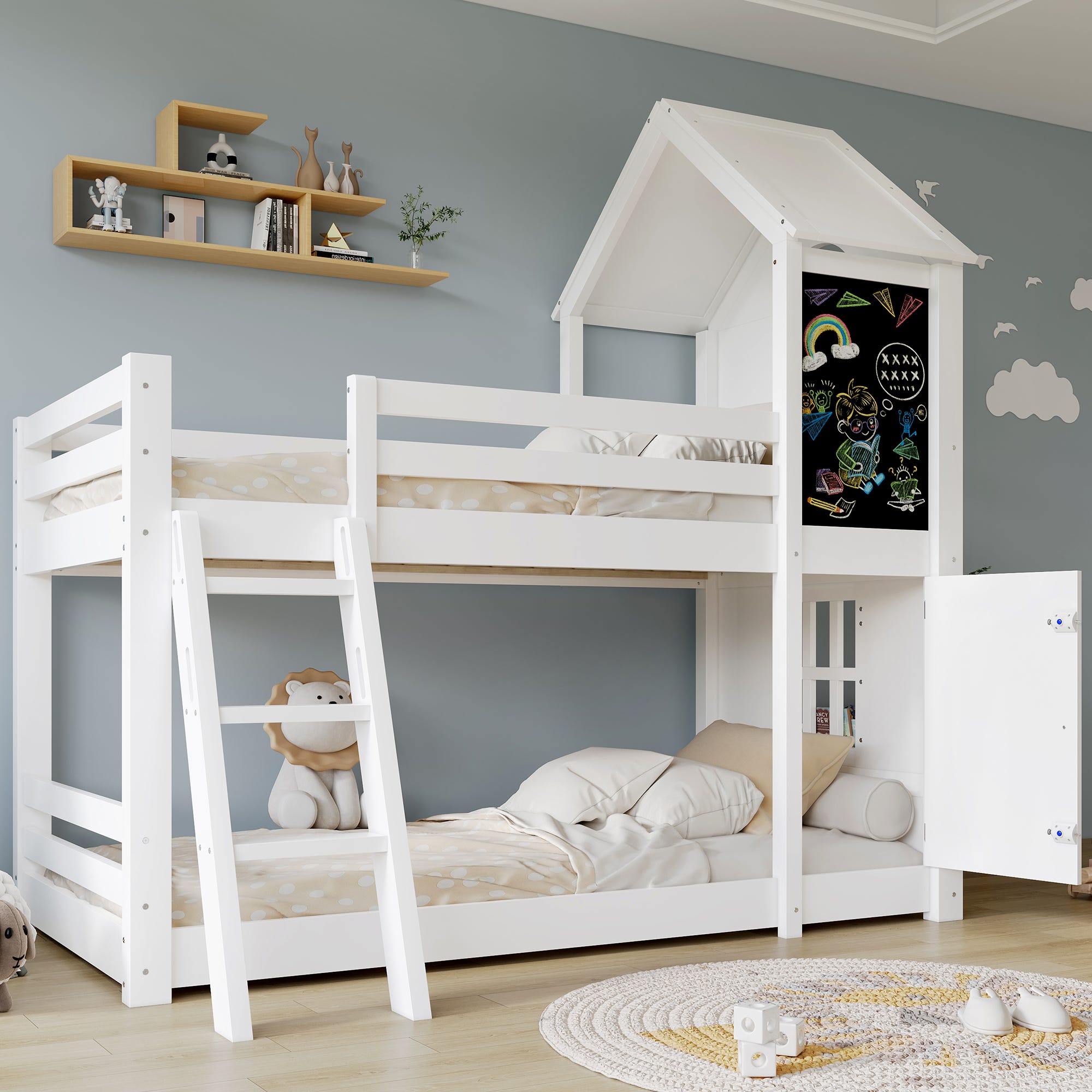 Letto A Castello Con Letto Estraibile 90x200 + 140x200, Con Contenitori E Sponde, In Legno Massiccio, Bianco