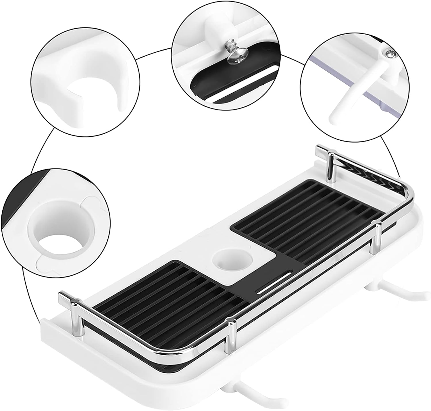 Organiseur de poteau de douche sans perçage, étagère de rangement avec crochet pour salle de bain pour barre coulissante de 24 mm - 6