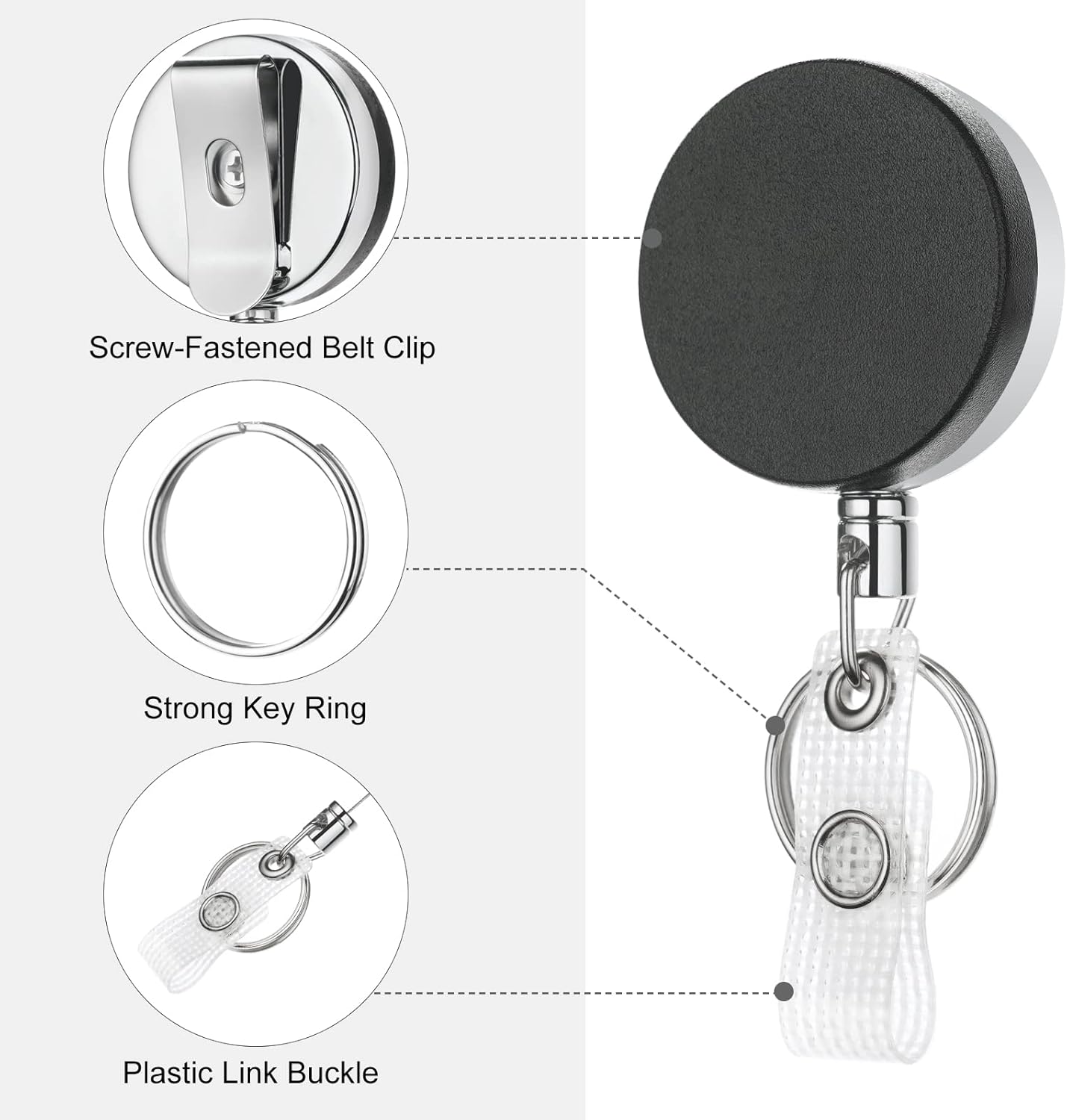 2PCS Porte-clés Retractable(Noir), Porte Badge Enrouleur,Porte Clef Enrouleur Badge Heavy Duty Avec Chaîne de Moulinet en Acier et Crochet,Rétractable - 3