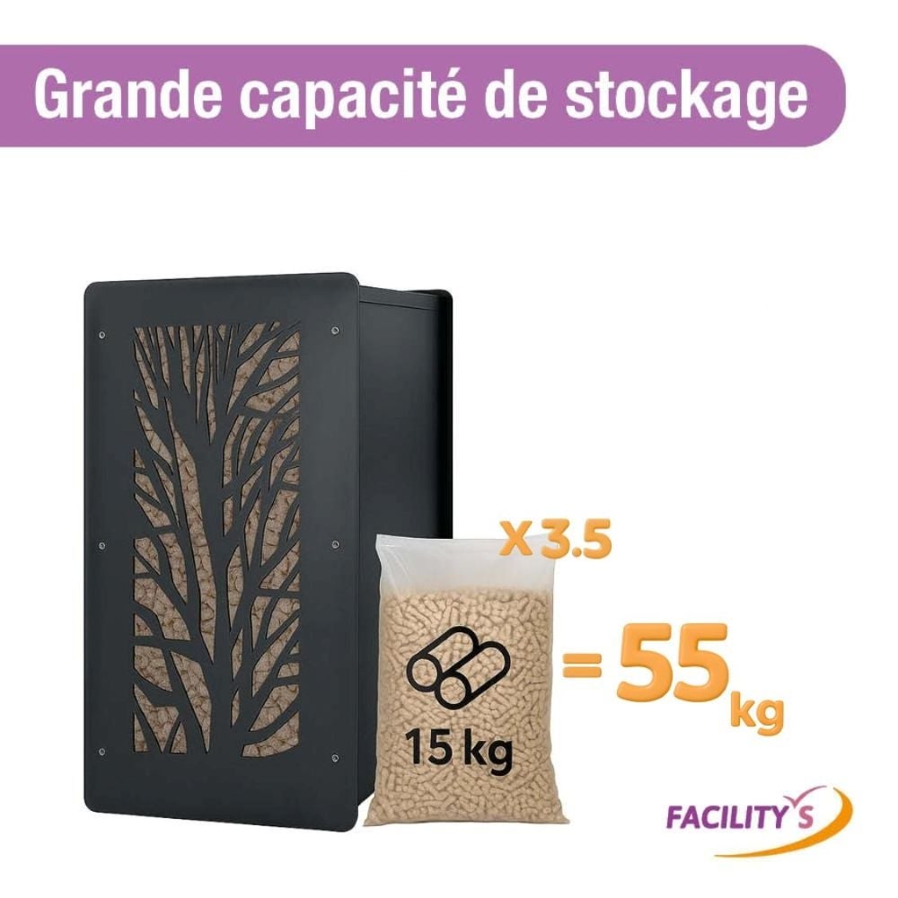 Réservoir à granulés 55 kg noir - 37 x 37 x 69 cm - Acier robuste et tamis intégré - 5