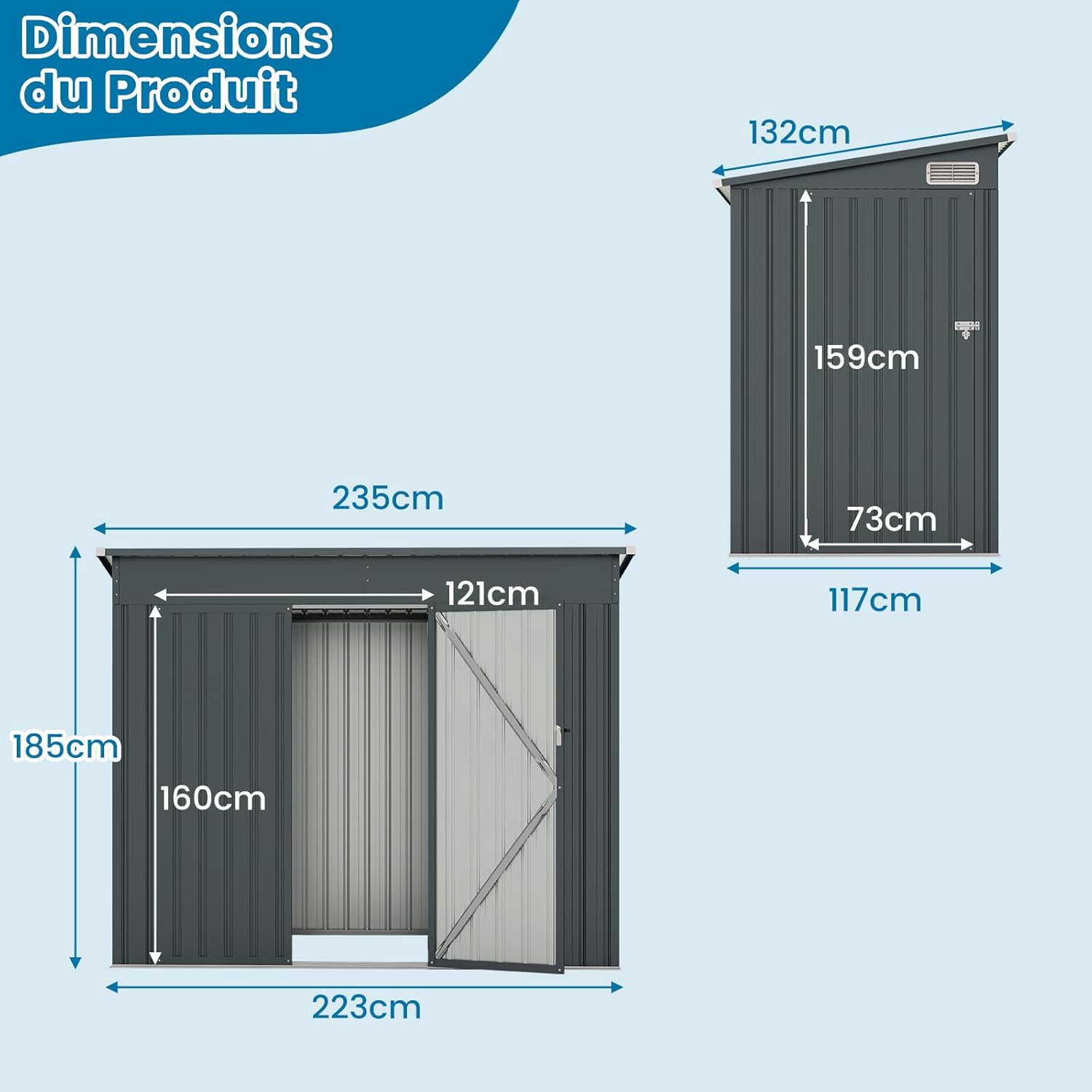 Abri de Jardin en Métal 2,6m², Cabane Jardin Exterieur en Acier Galvanisé 4,82 m³ avec Loquet, Porte avec Serrure et clé, Toit en Pente, Gris foncé - 7