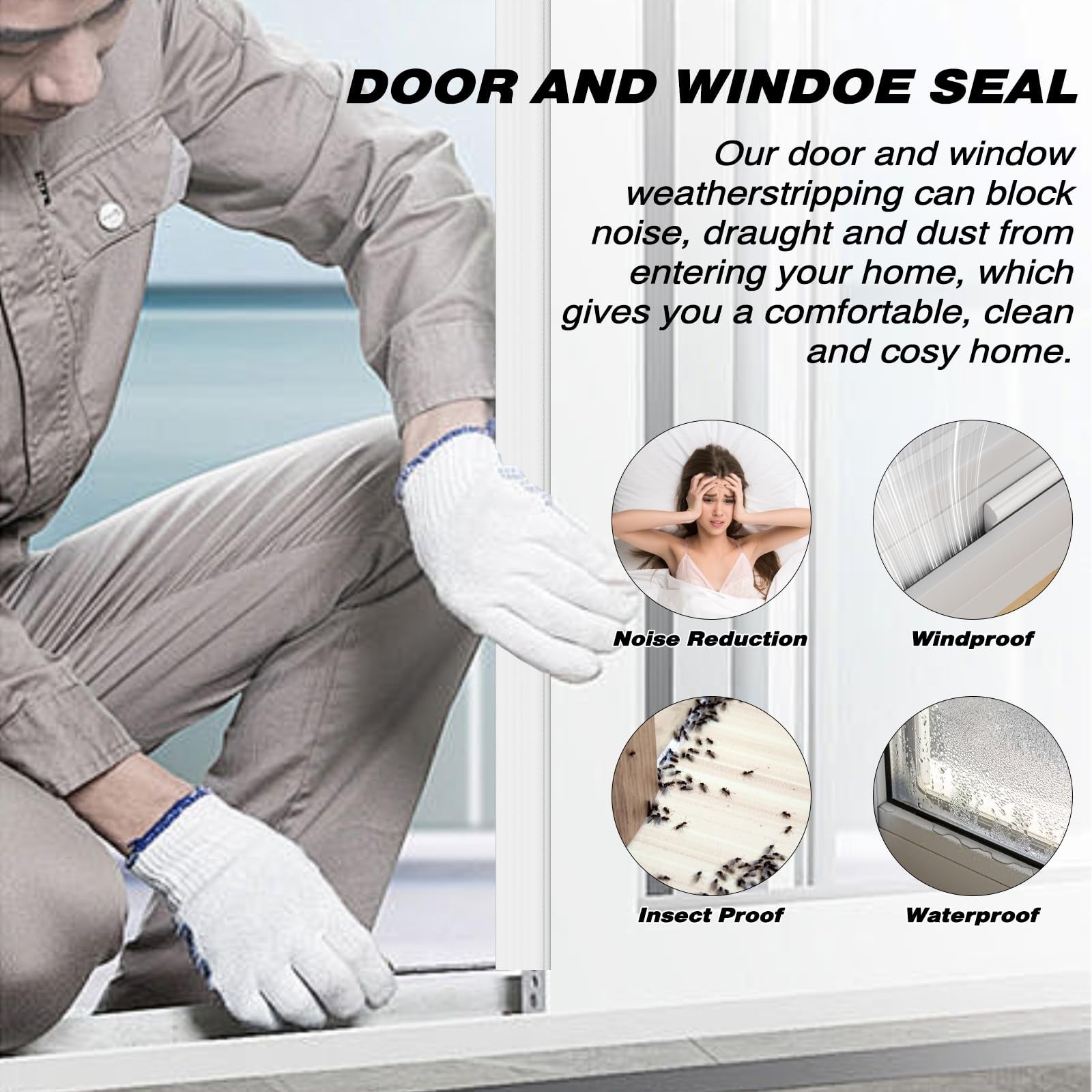 Burlete de espuma de 3 m para puerta, cortavientos para ventana corredera, tira anticolisión autoadhesiva, marco insonorizado, color blanco - 8