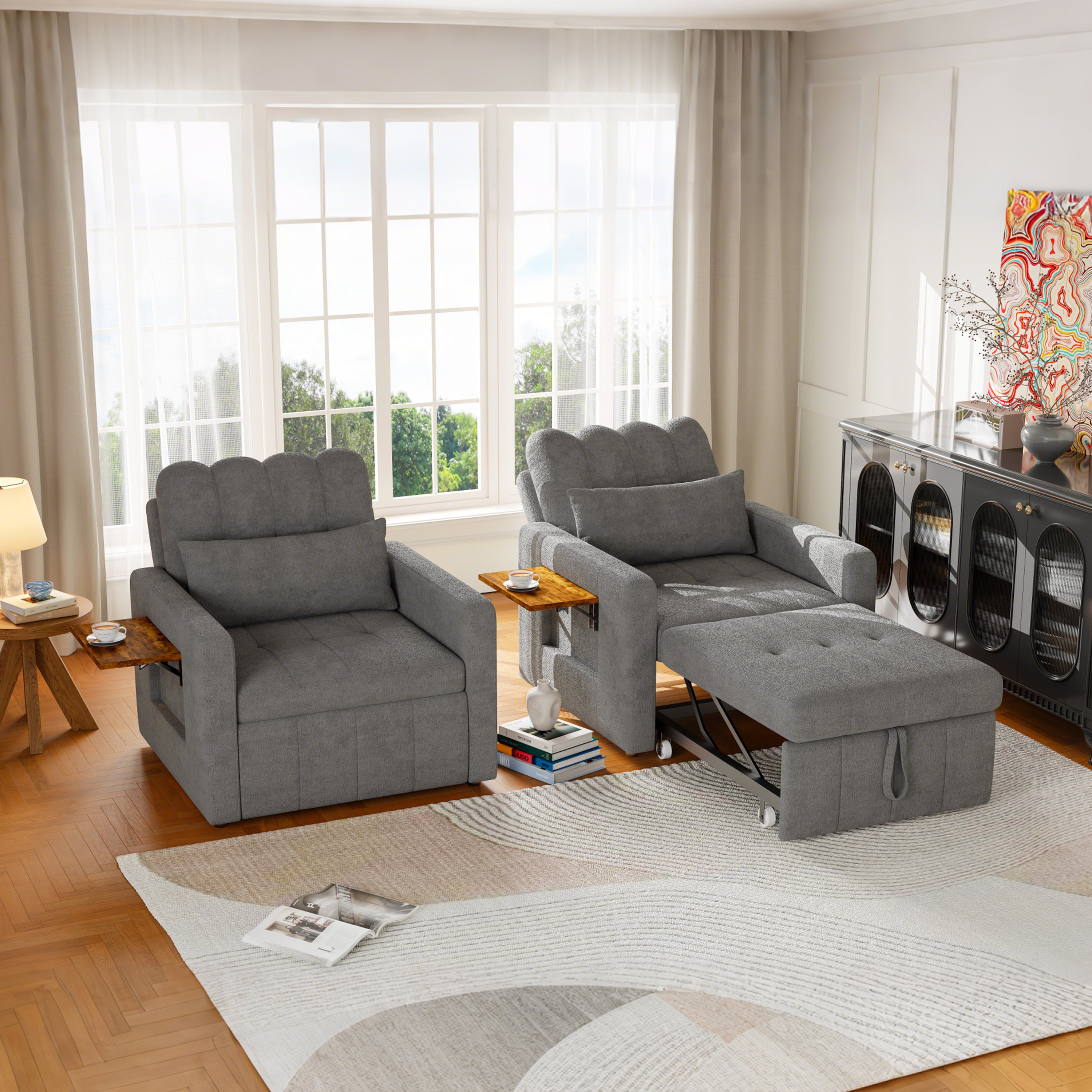 Canapé Lit Convertible 1 Place,3 en 1 Fauteuil Convertible Lit avec Table et Poches,Fauteuil Lit avec Dossier Réglable à 5 Positions,Gris(Chenille) - 3