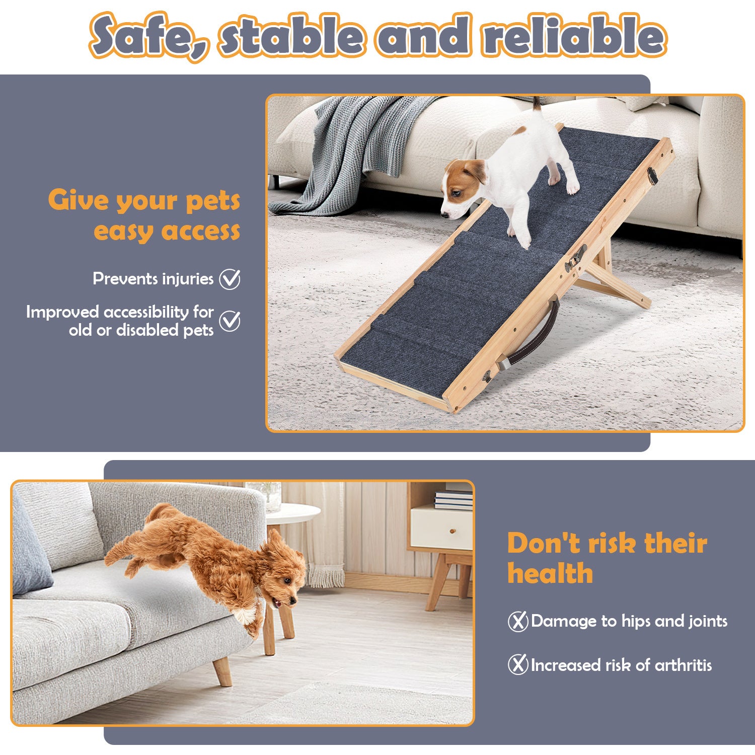 Rampa plegable de madera para perros y mascotas con alfombrilla de tracción antideslizante de 5 patas - 7