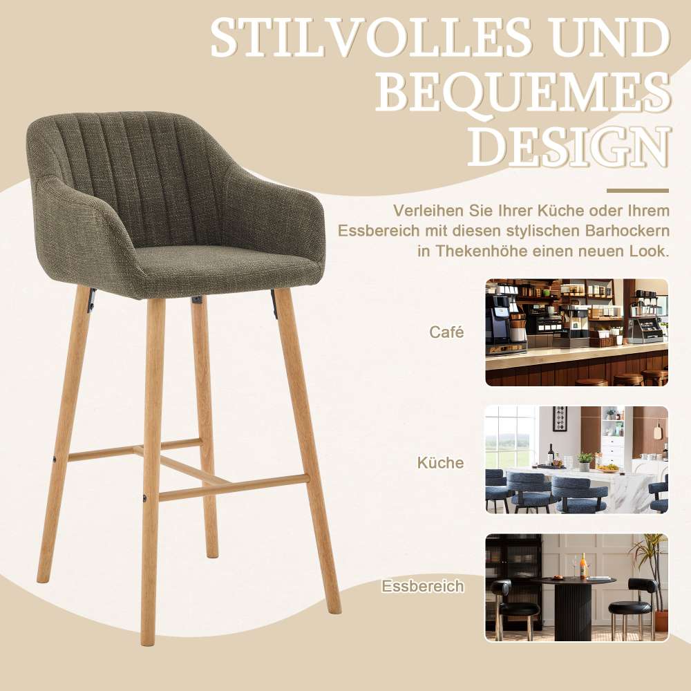 Tabouret de bar moderne vert en lin avec dossier haut et accoudoirs, pieds en bois, lot de 2, style européen pour cuisine ou îlot - 3