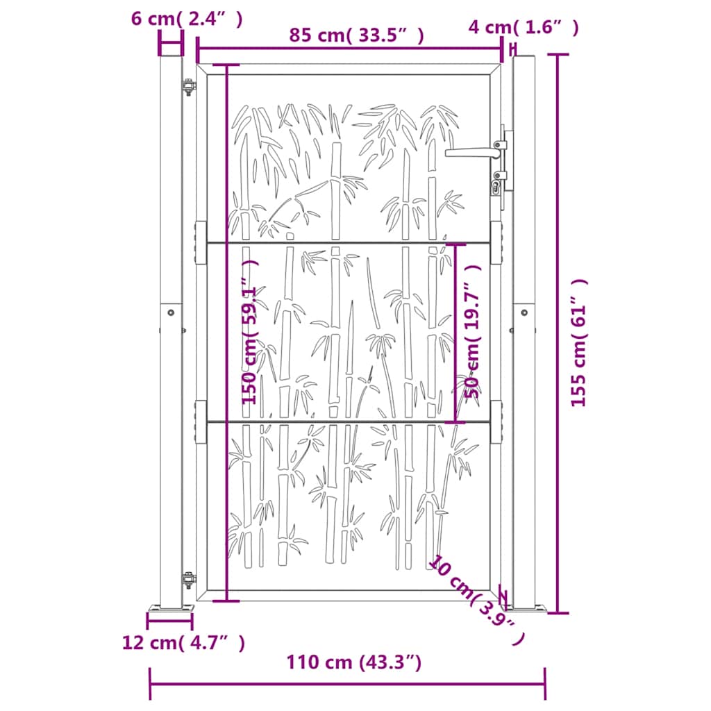 vidaXL Portail de jardin Anthracite 100x150 cm Acier Design Bambou - 8