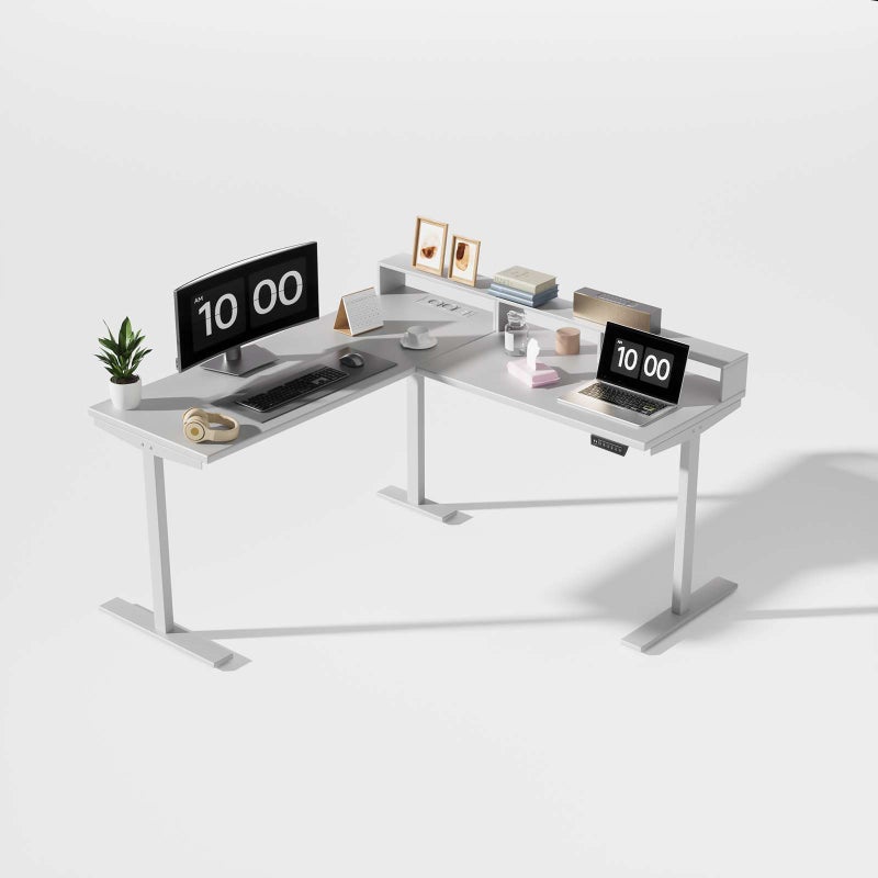 Biurko w kształcie litery L z gniazdkami elektrycznymi, biurko narożne z elektryczną regulacją wysokości i podstawą pod monitor,ergonomiczne biurko do