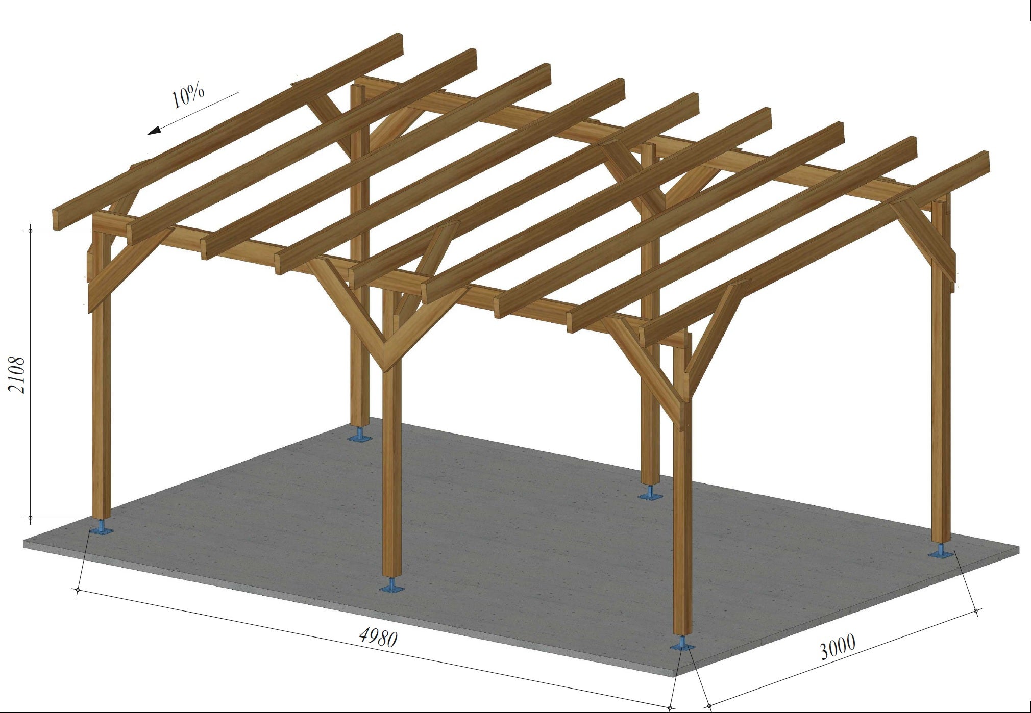 Carport en Bois avec Pente de 10%, un vehicule, de 3m par 5m, traité Classe 3 - NICOLAS - 3