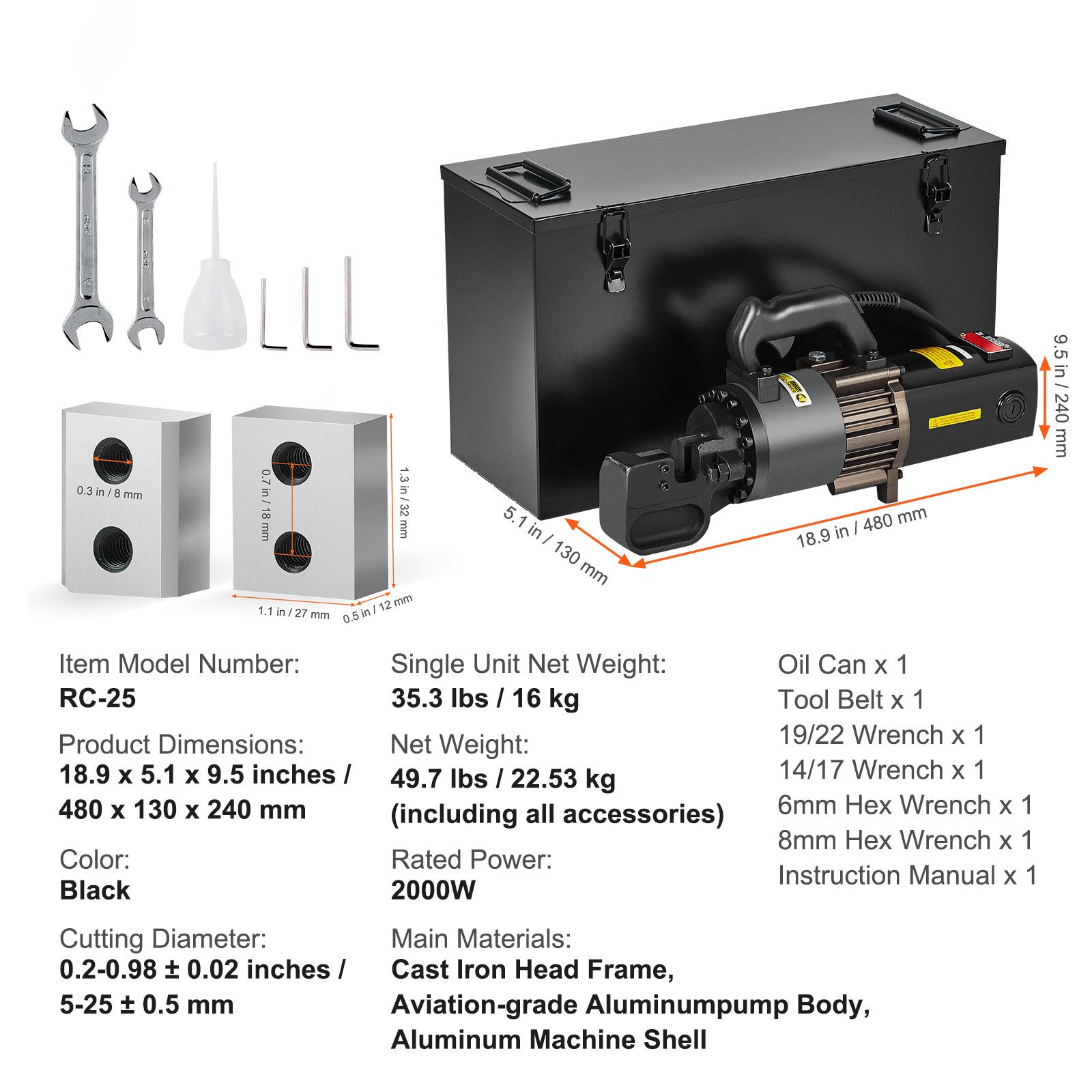 Coupe-barres hydraulique électrique 2000W,SucceBuy coupe barres d'armature 25mm en 3,5s,coupe-acier portable avec bidon d'huile,accessoires,RC-25 - 9