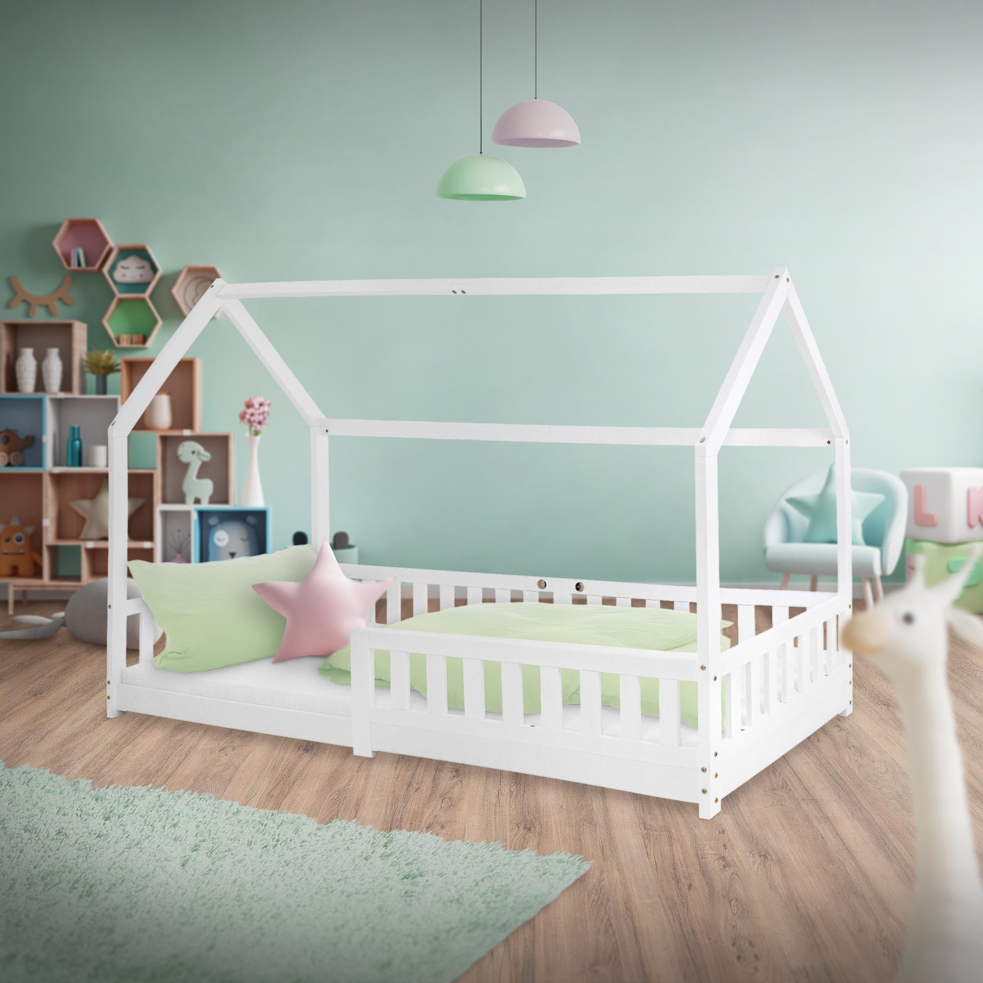 ML-Design łóżko domek z dachem 90x200cm biały z materacem H:16cm barierką stelażem z listew z litego drewna sosnowego dla dziewczynek i chłopców