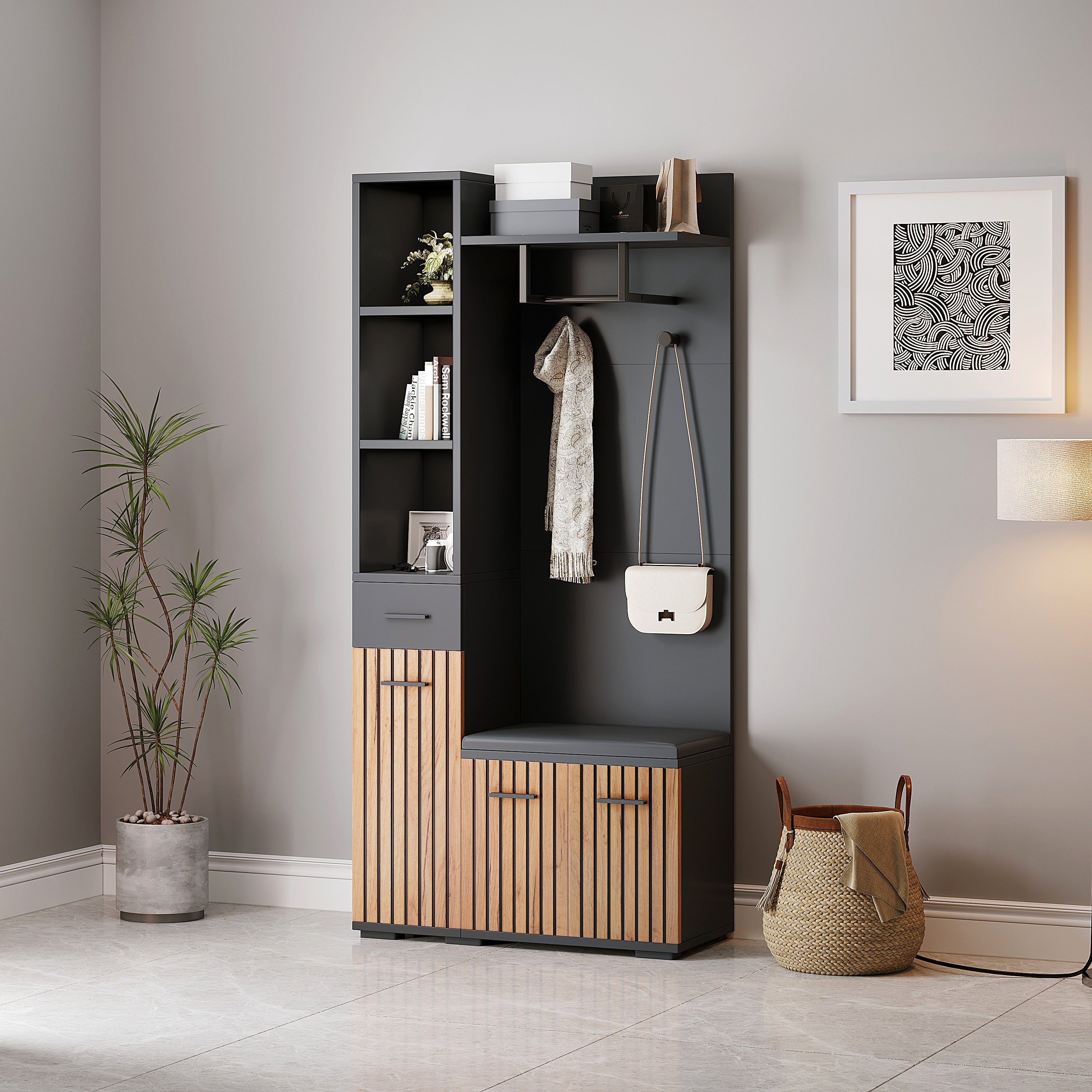 Zestaw szafek na buty z 3 drzwiami, ławką na buty i wieszakiem na ubrania - 80 x 35 x 175 cm - Płyta wiórowa - Czarny + naturalny