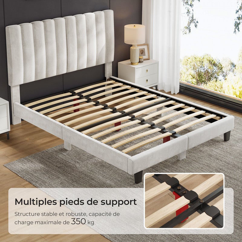 Lit 140x190 cm HavenlyHome, Lit Capitonné en Velours avec Tête de Lit et Sommier à Lattes, Lit Adulte pour 2 Personnes, Beige - 3