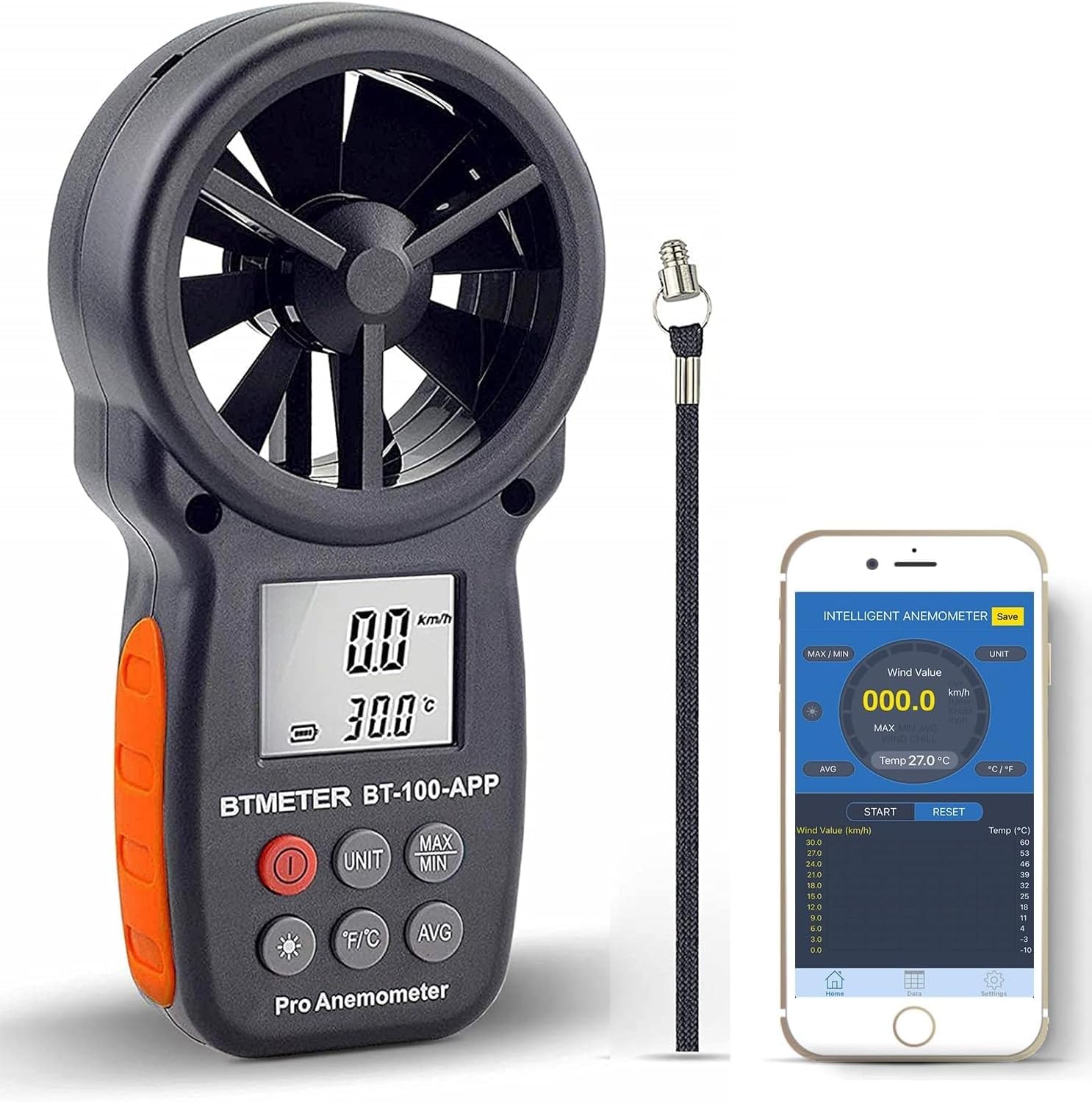 Przenośny anemometr cyfrowy, bezprzewodowy anemometr Bluetooth do pomiaru temperatury, prędkości i chłodzenia wiatrem BT-100APP