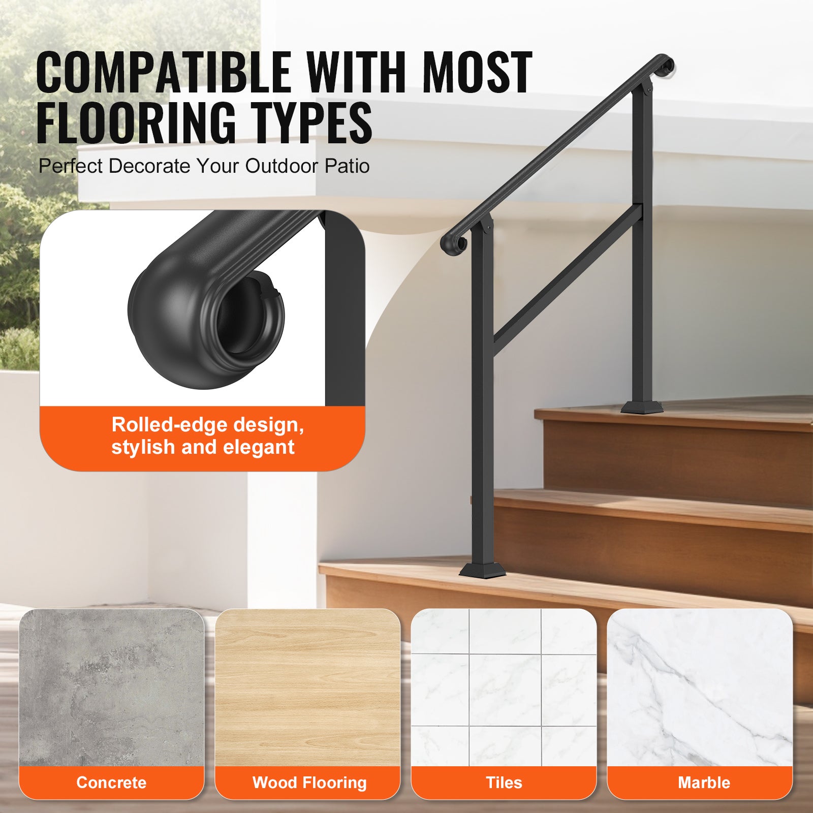 Main courante extérieure,VEVOR rampe d'escalier à 2 ou 3 marches et kit garde-corps intérieur avec kit d'installation,rampe porche et terrasse,noir - 5