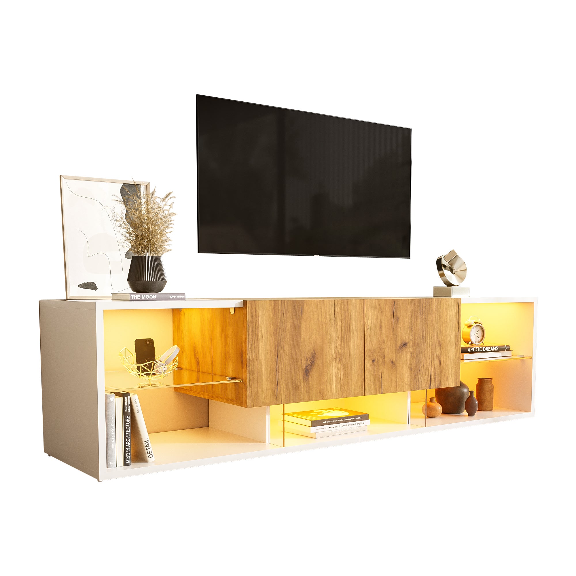 Meuble TV avec 2 tiroirs et 4 compartiments - 160 x 40 x 42 cm - LEDs - Panneau de particules et étagères en verre - Chêne + blanc Antique - 9