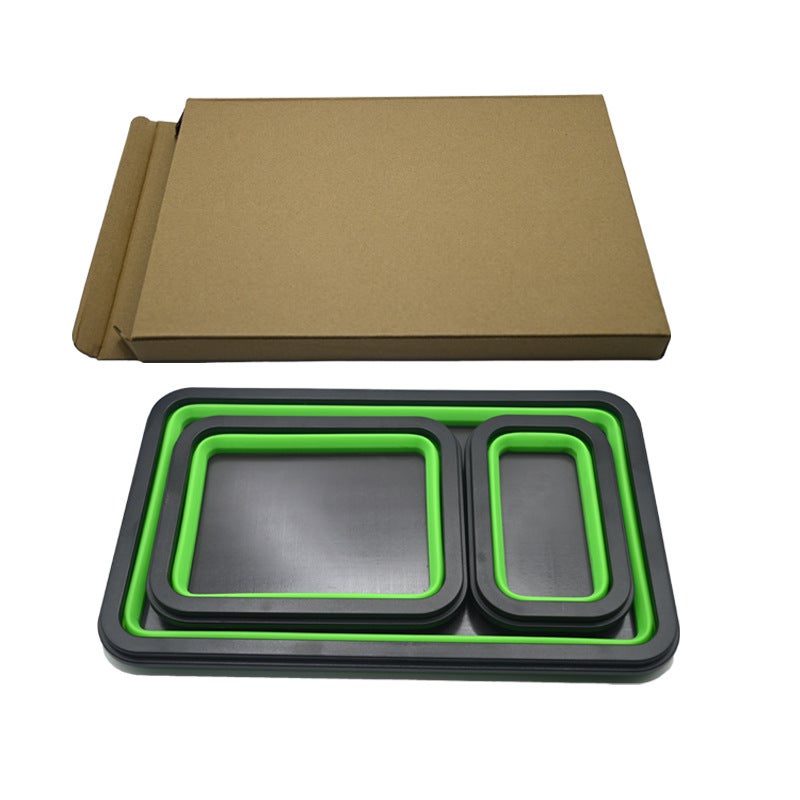 Zestaw 3 prostokątnych składanych tacek silikonowych, magnetyczna taca do przechowywania, zielona - 29*19*25 cm