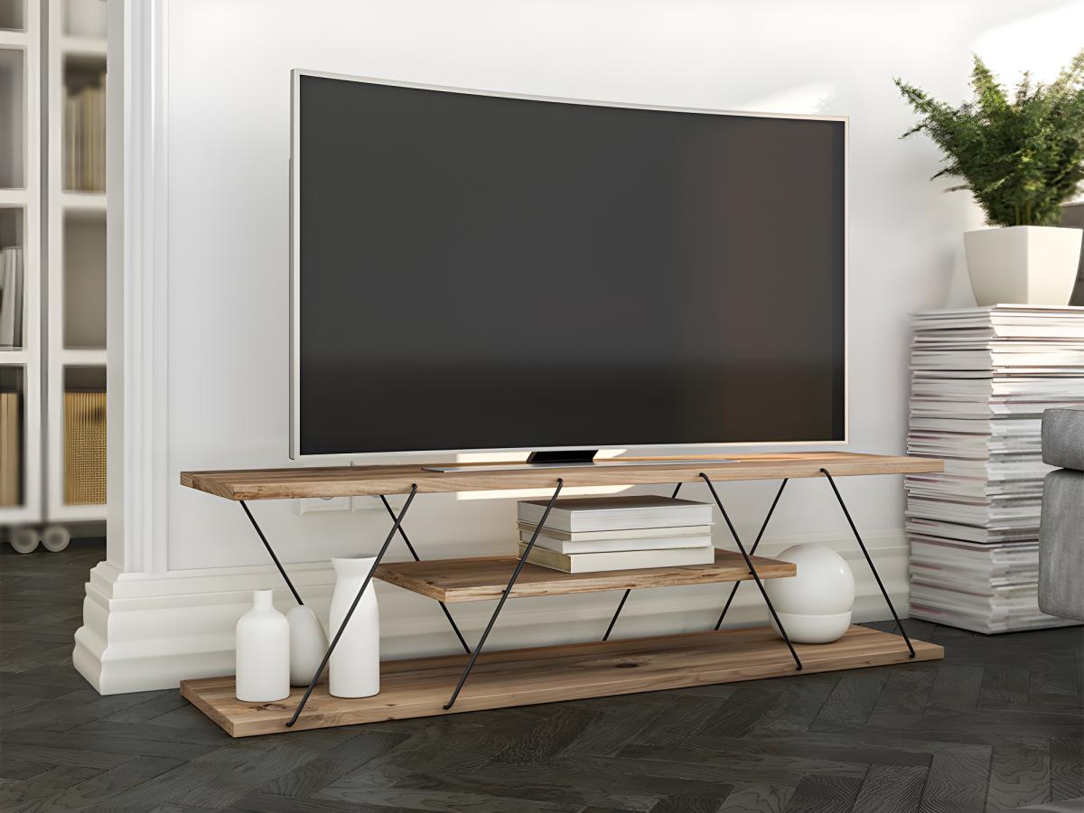 Meuble TV montants ultra fins trois tablettes Filumis 120cm Bois clair et Métal Noir - 8