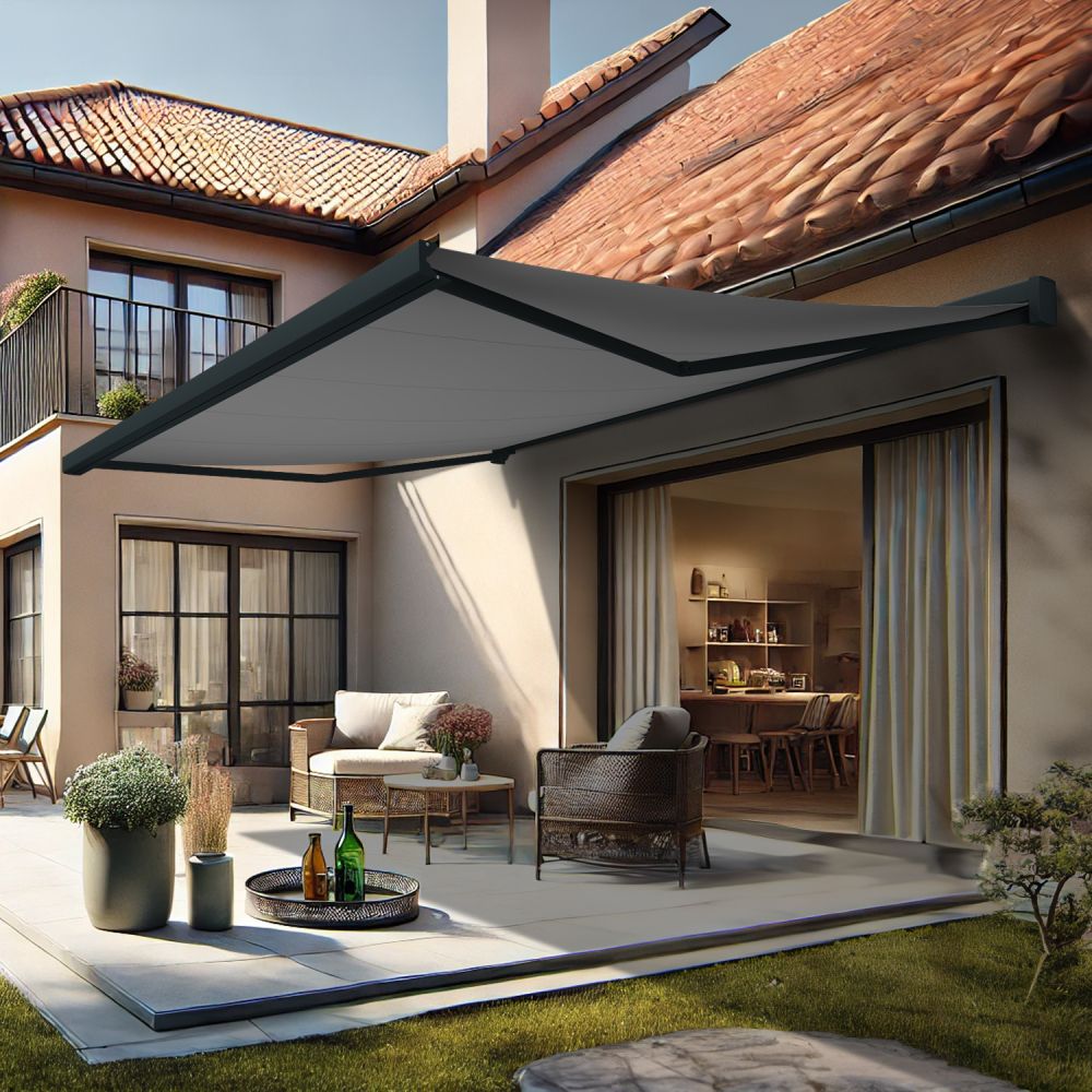 Loft - toldo cofre (motorizado con mando a distancia + manivela + led - gris claro - gris antracito - 4.00m x 3.00m)