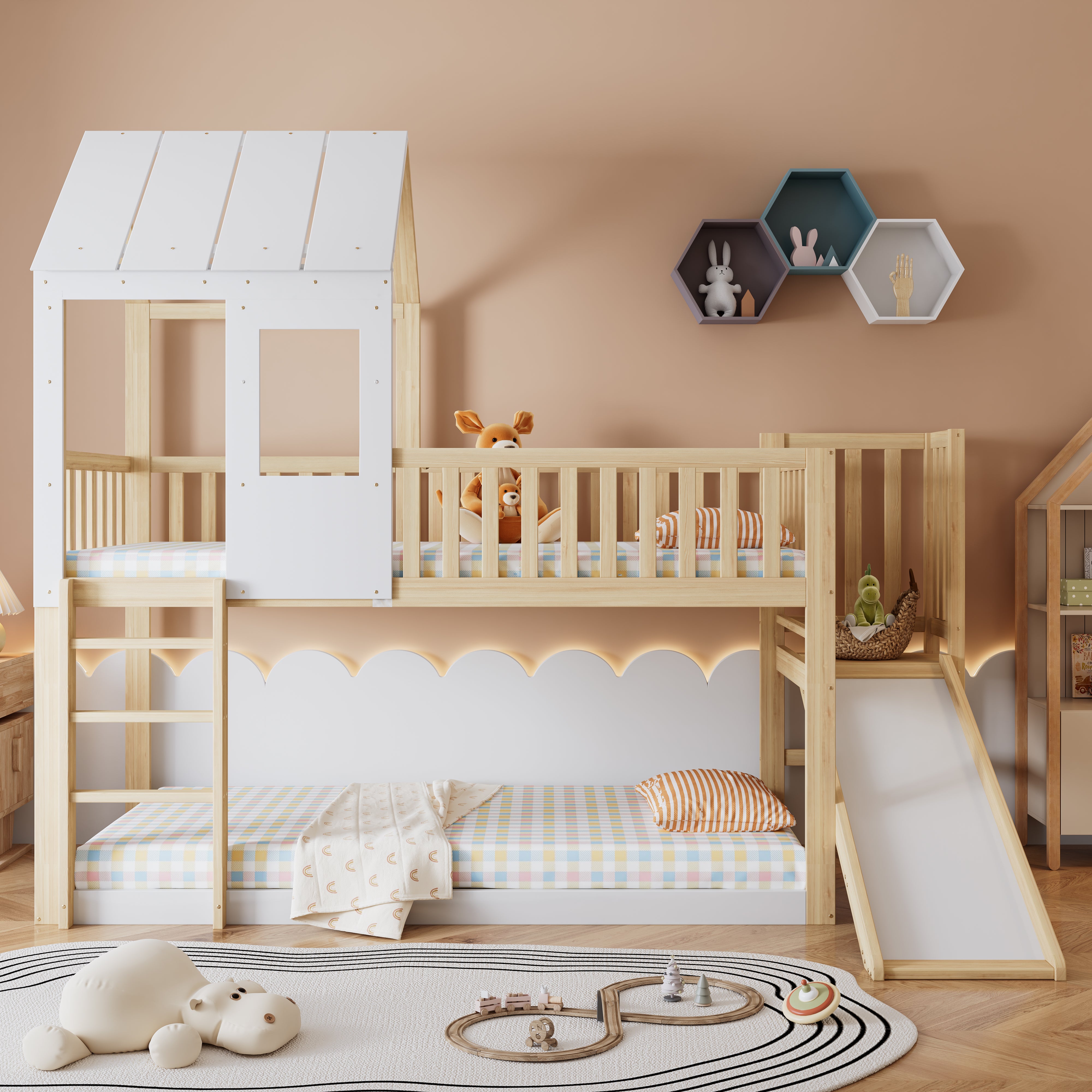 Łóżko piętrowe dla dzieci 90 x 200 cm ze zjeżdżalnią + stelaż z listew, kolor: naturalny i biały