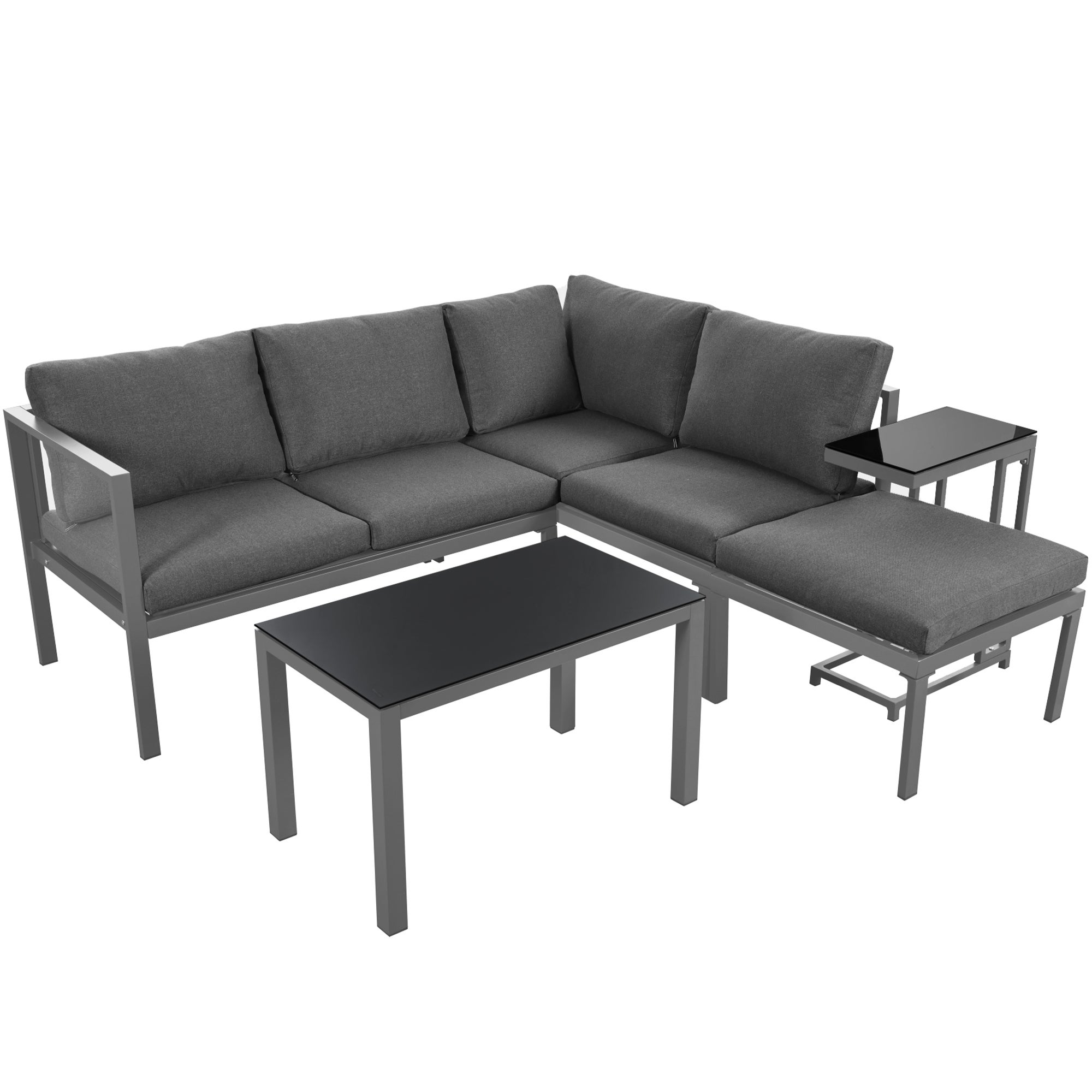 Salón de jardín en aluminio - 2 sofás, 1 taburete y 2 mesas bajas - con todos los cojines - Gris - 3