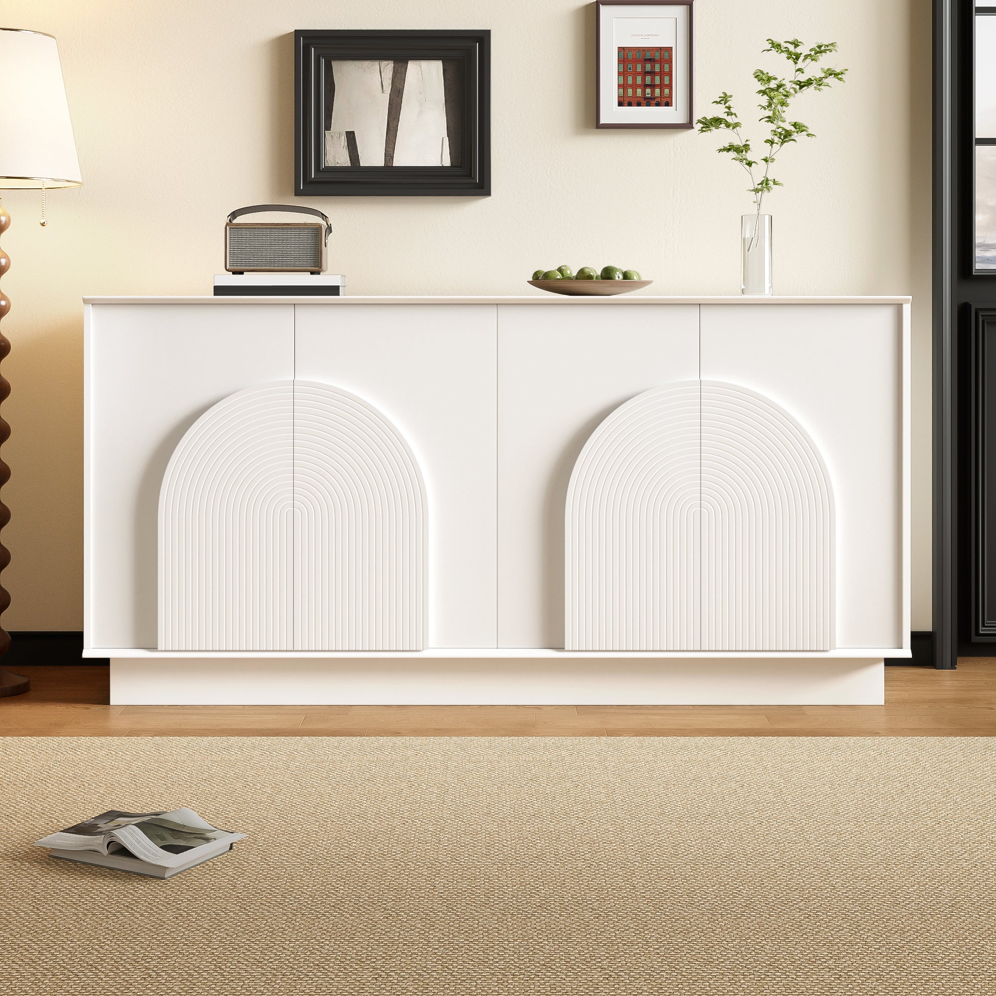 Komoda z 4 zaokrąglonymi drzwiami i półkami - 160 x 38 x 80 cm - MDF - Biała