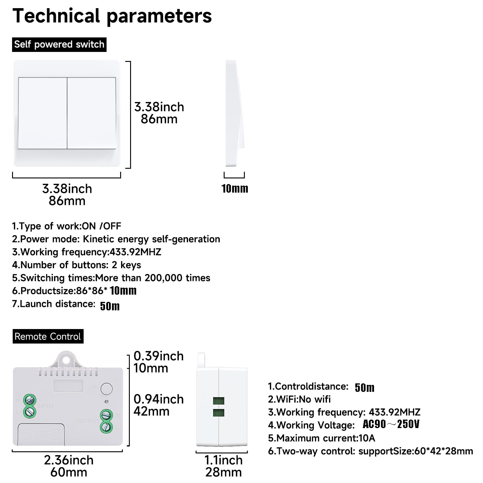 Interrupteur sans fil RF433, télécommande murale bidirectionnelle, auto-alimenté, portée 50 m, sans câblage ni pile (2 récepteurs + 2 interrupteurs) - 2