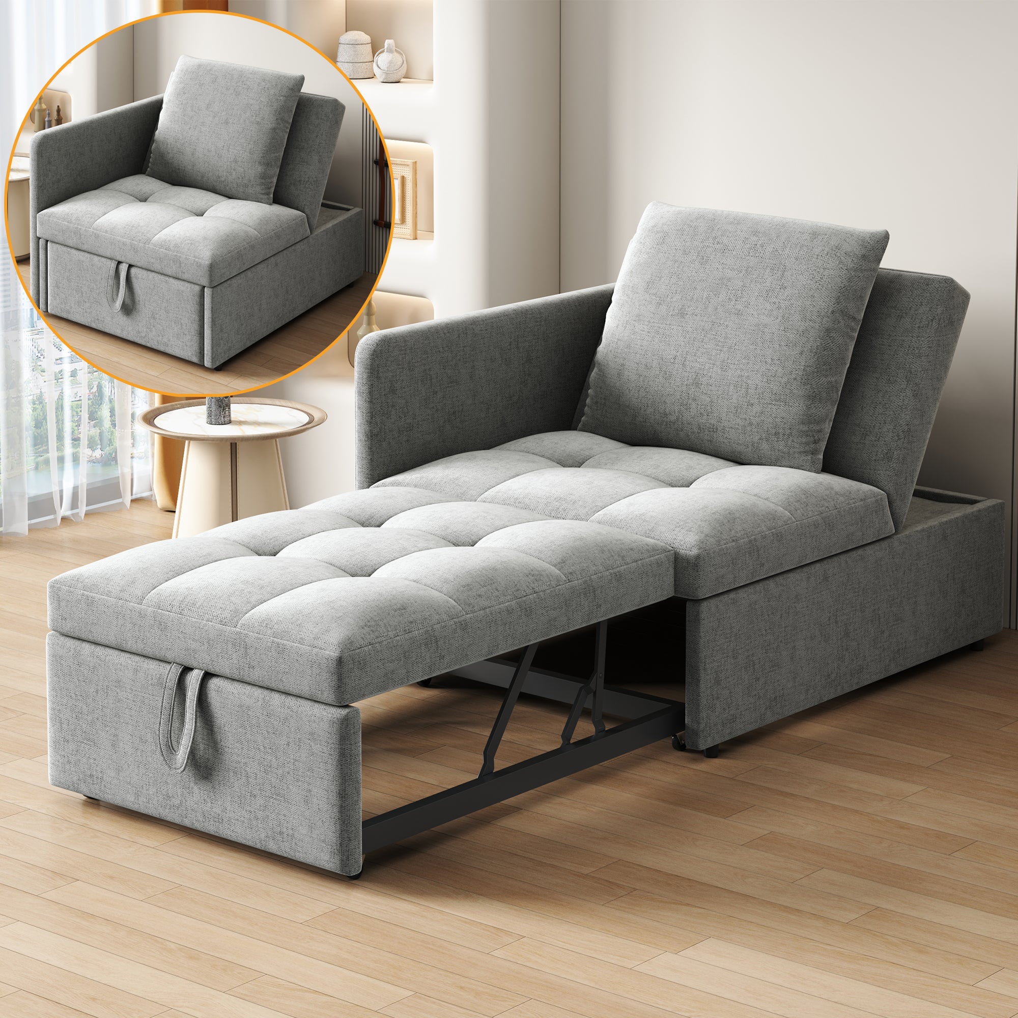 Rozkładana sofa 1-osobowa, 3 w 1, tapicerowana sofa z funkcją spania – 97/177 x 65 x 65 cm – tkanina lniana – regulowane oparcie – szara