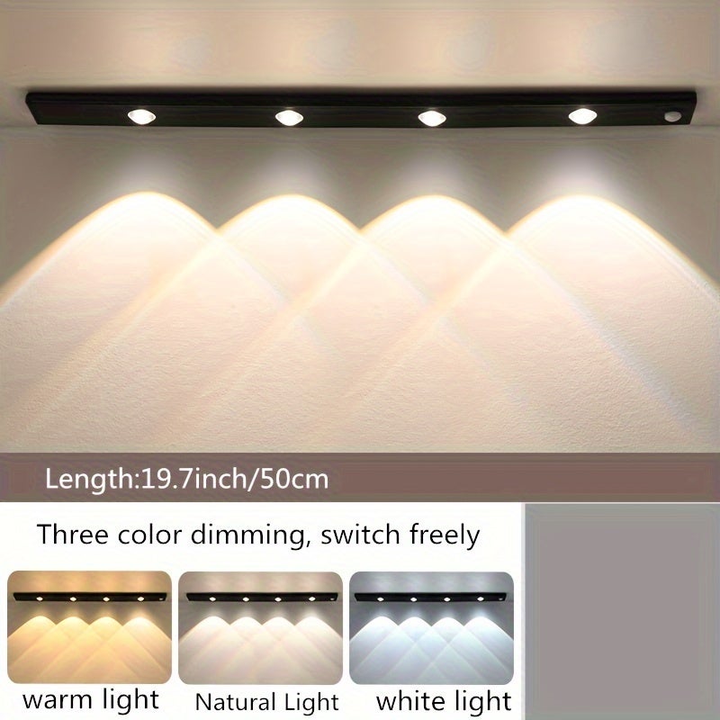 Magnetyczna, ładowalna listwa LED z czujnikiem ruchu o długości 50 cm, do szafki w kamperze, 3 kolory z regulacją jasności