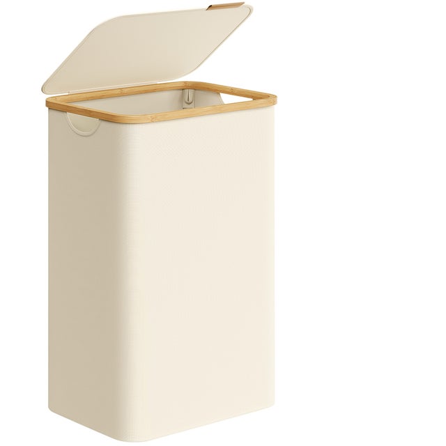 Cesto de Ropa Sucia con Tapa, 90 L, Forro de Malla Extraíble, Tejido Oxford, Asas Bambú, Plegable, Blanco