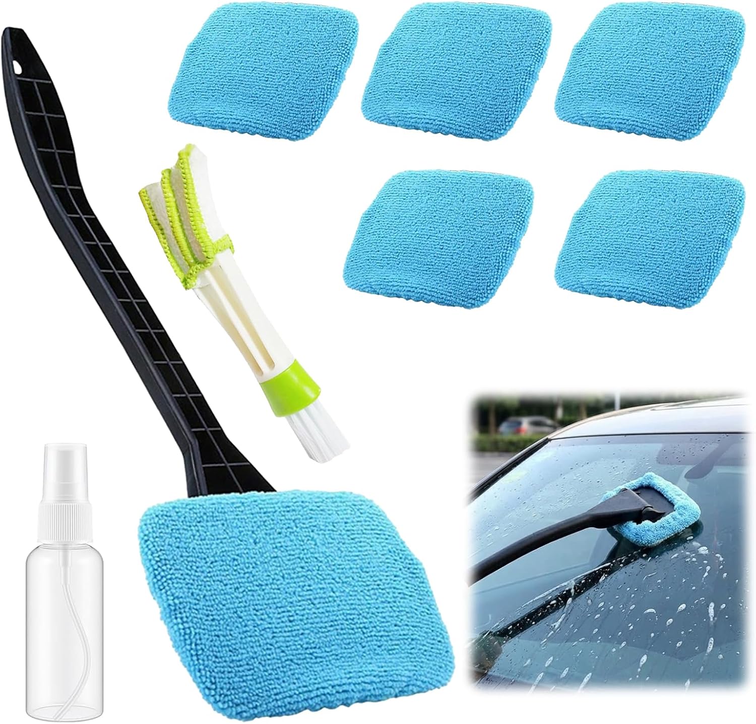 Kit de curățare a parbrizului auto cu 6 lavete din microfibră, 1 sticlă cu pulverizator și 1 perie, instrument de curățare a geamurilor auto 1buc