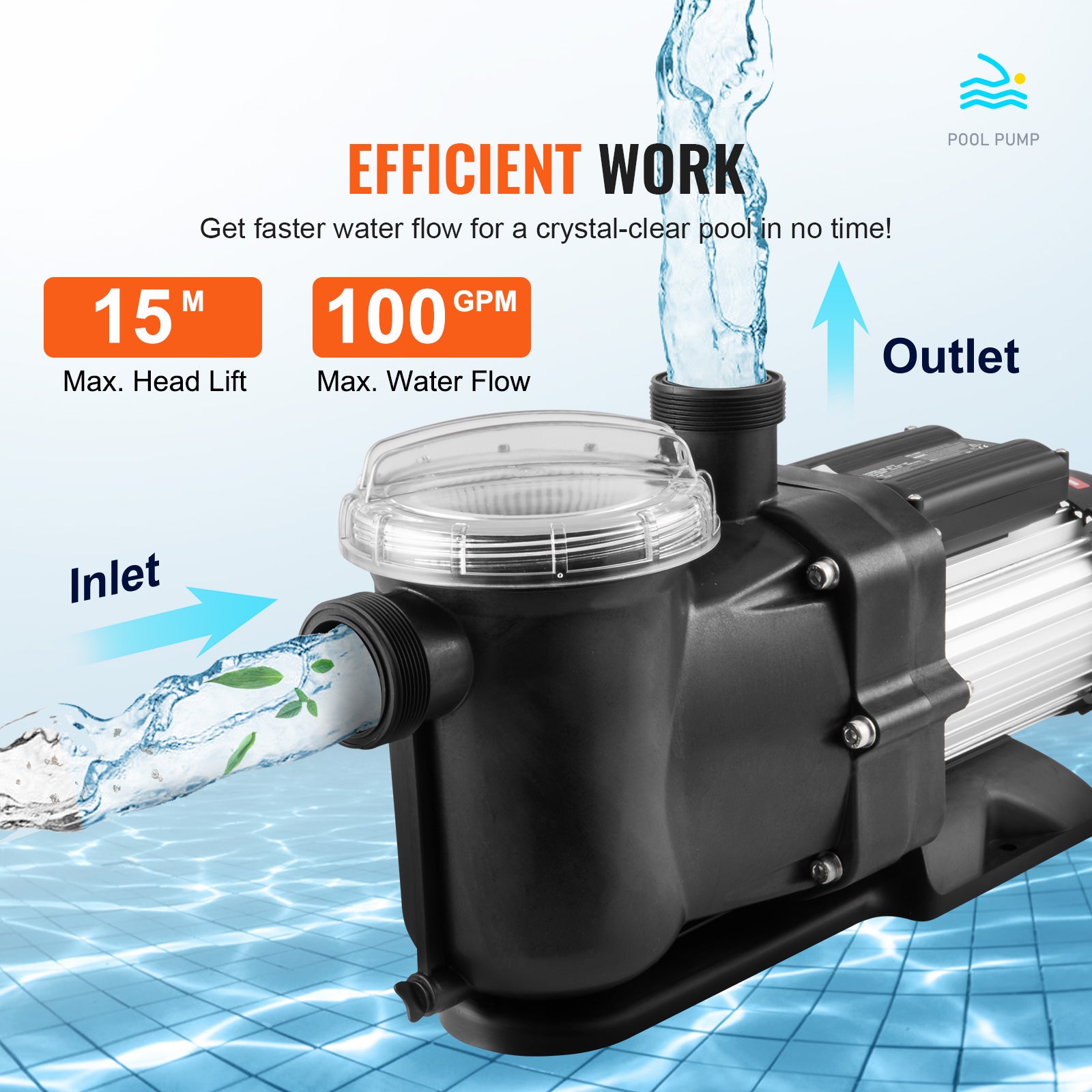 Pompe de piscine hors sol SucceBuy 1,5 CV,100 GPM,220 V,2 850 tr/min,hauteur max. 15 m,avec panier filtrant - 7