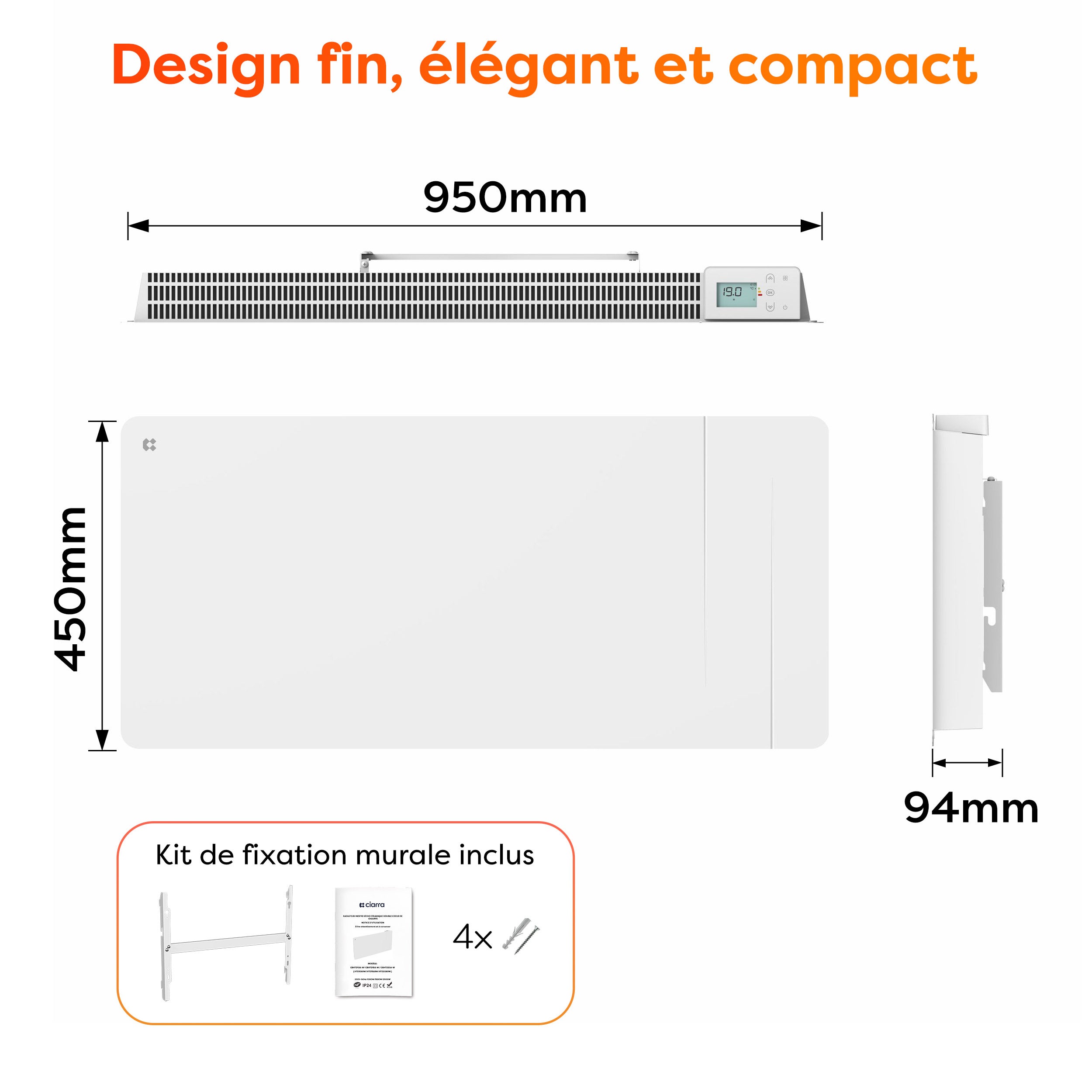 CIARRA Radiateur connecté à inertie sèche céramique 2000W Double coeur de chauffe Programmable 5 Modes Silencieux Blanc mat CDHTD20A-W - 9