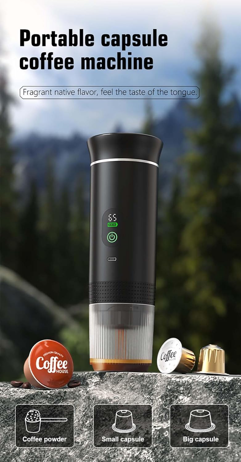 Cafetière Portable 3-en-1 Rechargeable Niaetuto – Expresso Capsules & Café Moulu, 12V Pour Voiture, Camping, Bureau, Voyage (Noir)