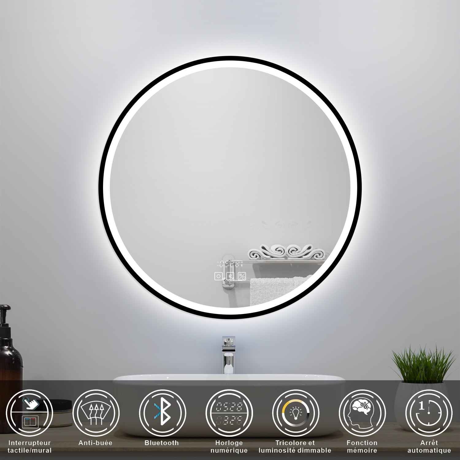 Miroir lumineux de salle de bain avec Bluetooth Rond 100cm， Horloge + 3 Couleurs + Dimmable + Anti-Buée, Noir Cadre Non-Métallique - 2
